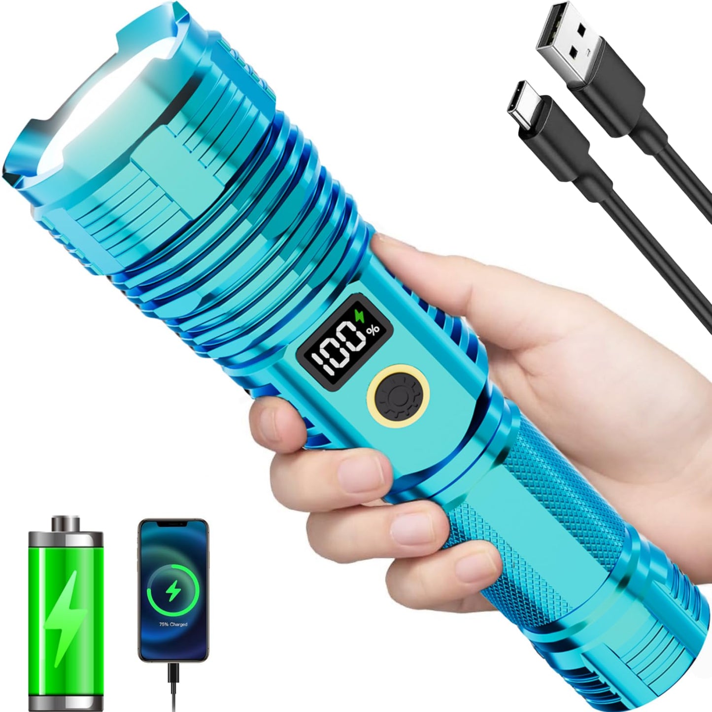 Flashlights High Lumens Rechargeable, 2000LM LED Super Bright Flash Light, Zoomable Linternas with LCD Digital Display, 5 Mode, Waterproof, Powerful Tactical Flashlight for Emergencies Camping Gift