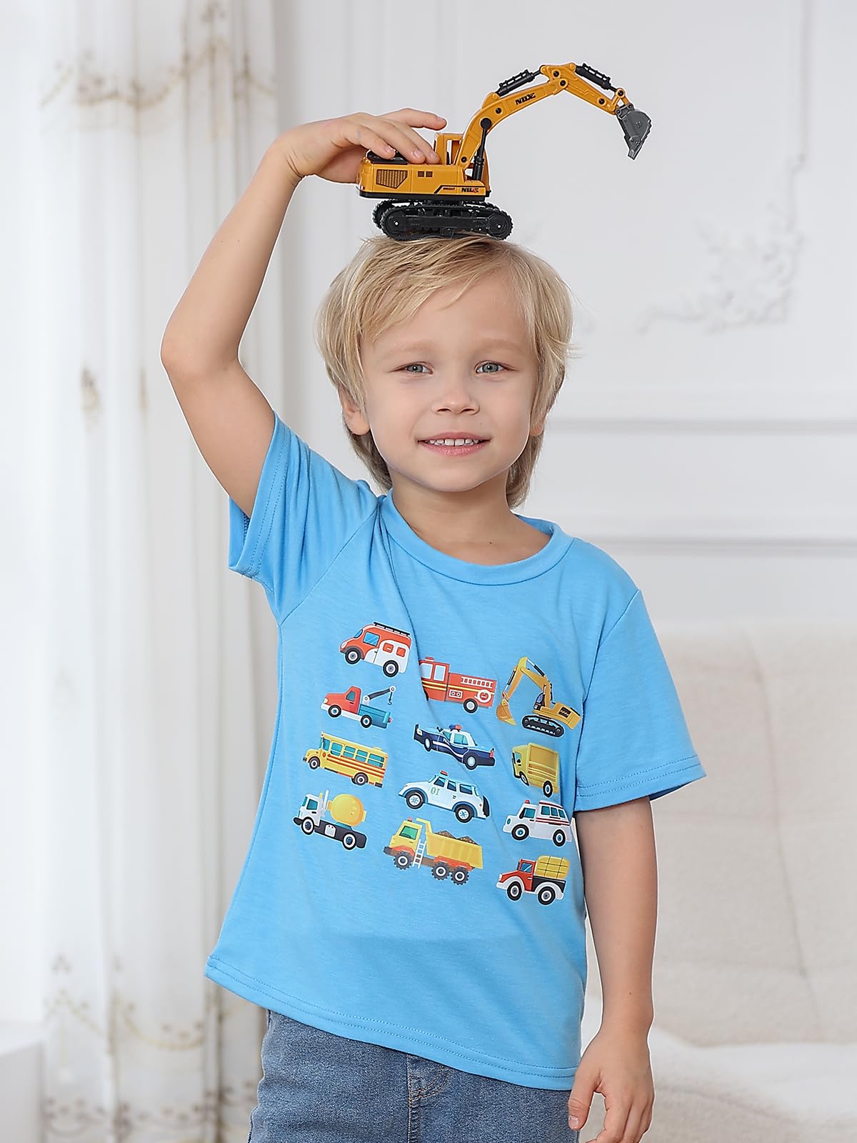 Lovekider 3T Toddler Construction Short Sleeve Shirt Funny Cartoon T-Shirt for Toddler Car Tee Shirt for 3 Years Boys