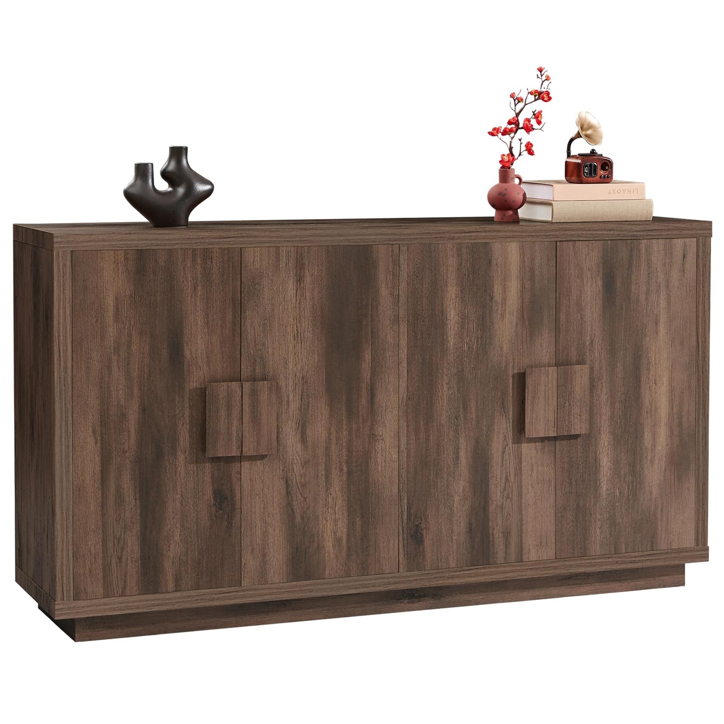 Lefurture 63 Inch Long Buffet Cabinet with Storage, Farmhouse Woodgrain Sideboard Modern Credenza with Doors & Shelves, Mid Century Coffee Bar Wine Bar Storage Cabinet for Living Room, Hallway