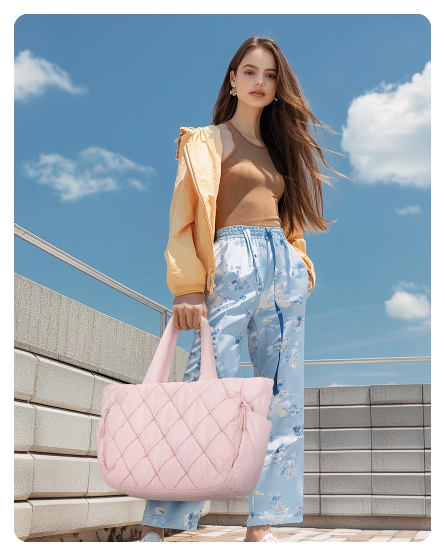 BAGSMART Tote Bag for Women, Quilted Puffer Tote Bag with Compartments, Shoulder Handbag Work Bag with Zipper for Travel