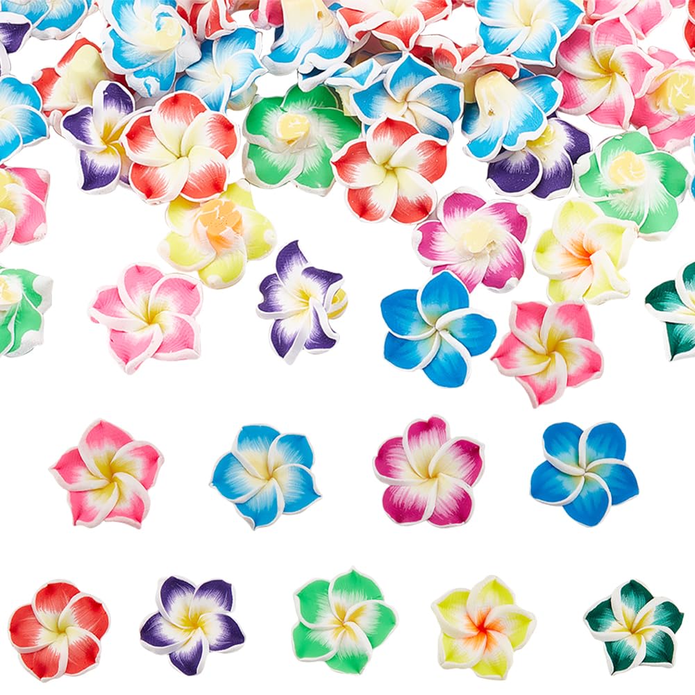 SUNNYCLUE 100Pcs 10 Color Polymer Clay Flower Beads Plumeria Spacer Loose Beads 15x8mm 5 Petal Summer Hawaii Floral Hawaiian Beach Spacer Charm Beads for Jewelry Earring Making Supplies DIY Craft