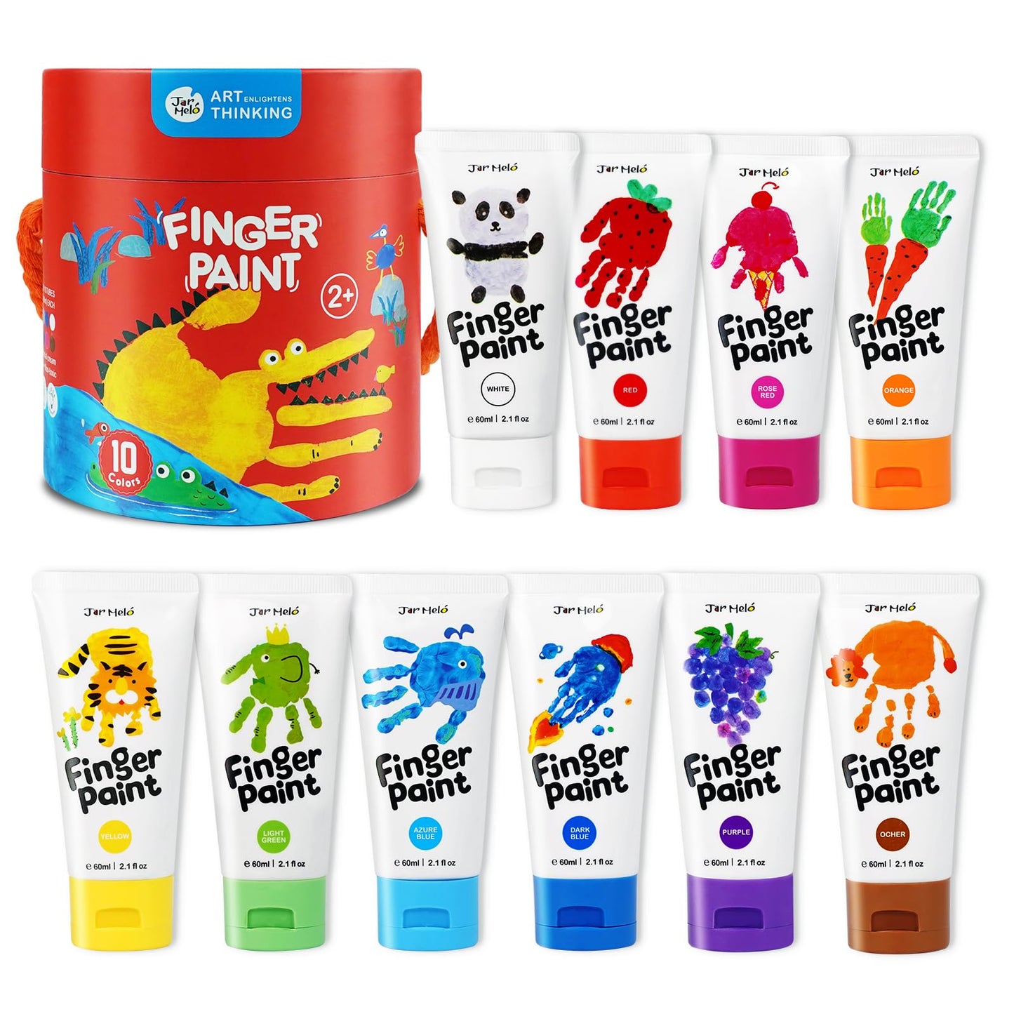 Jar Melo Washable Finger Paints for Toddlers, 10 Colors Large Capacity (2.1fl oz), Non Toxic Baby Paint for Hand and Feet, Safe Art Supplies, Preschool Learning Gifts for Kids Age 2+