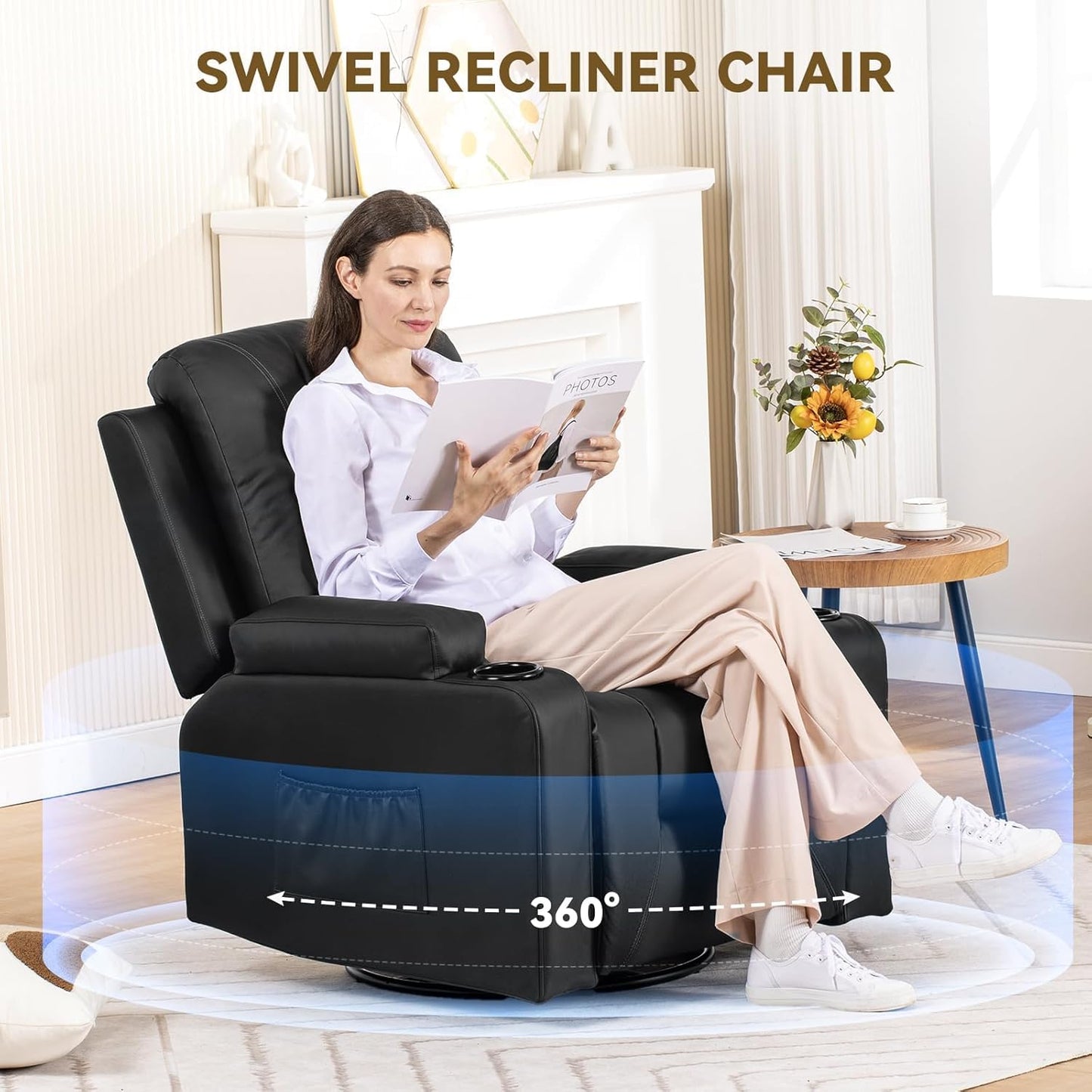 COMHOMA Recliner Chair, Swivel Rocker Recliners, Massage and Heat Reclining Chair, Reclining Sofa with Side Pockets, Cup Holders for Living Room, Bedroom (Black)