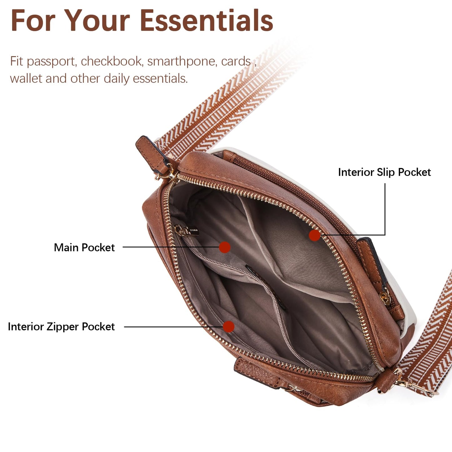 BOSTANTEN Small Crossbody Purse for Women Triple Zip Cell Phone Leather Shoulder Handbag with Wide Guitar Strap Beige with Brown