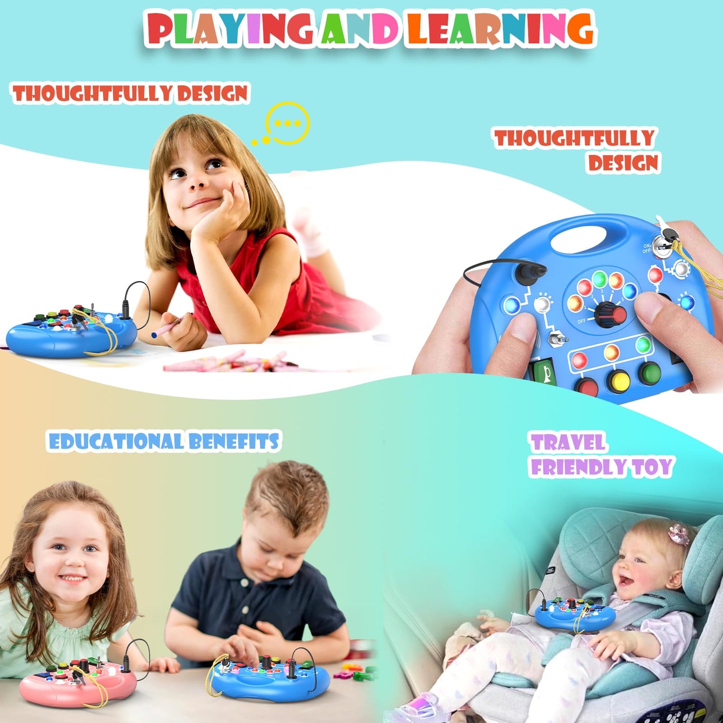 JIWORT Busy Board with LED Light, Montessori Busy Board for 1+ Year Old, Sensory Toys for Toddlers 1-3, Fidget Board Travel Toys for Kids Preschool Learning Activities Boys Birthday (Blue)