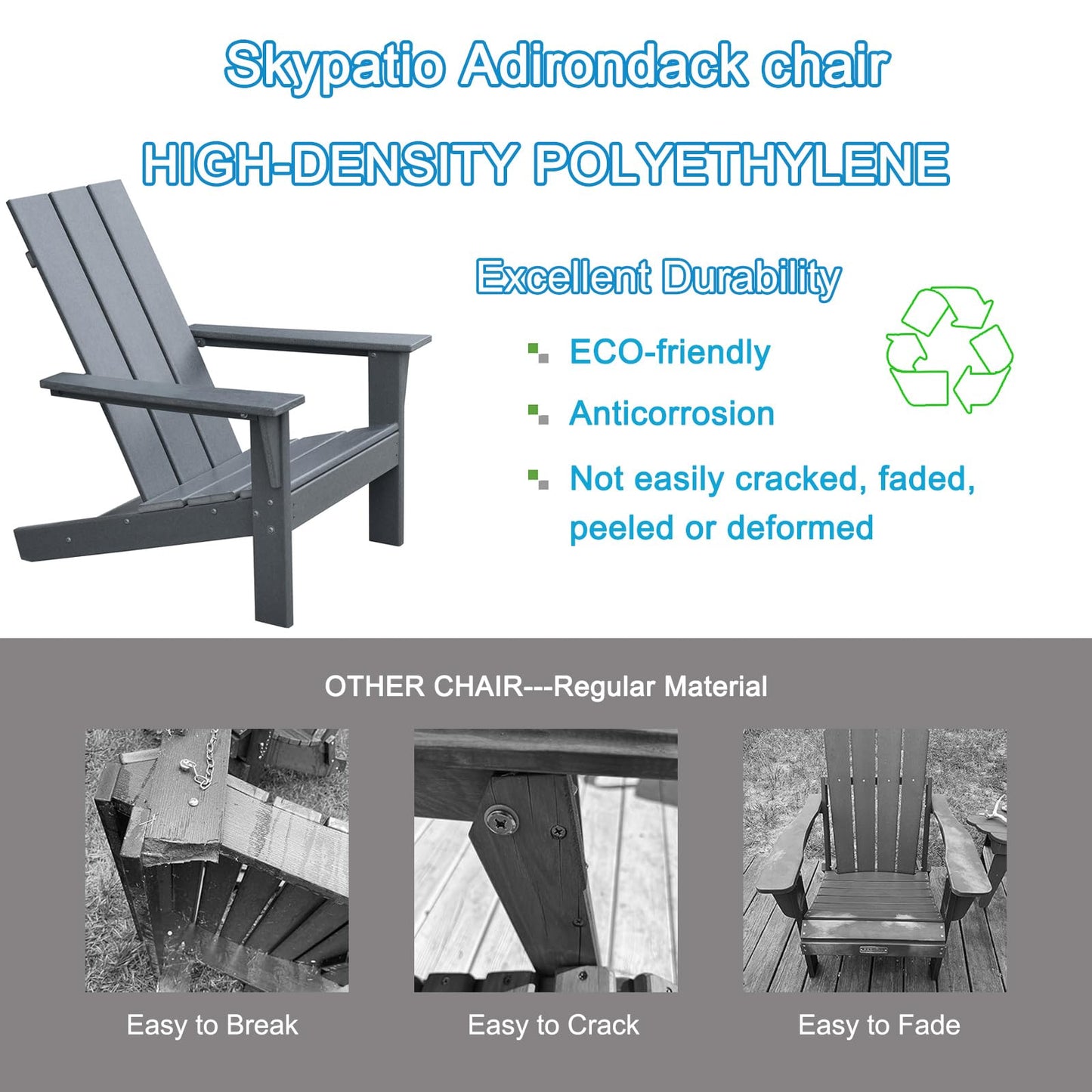 Skypatio Adirondack Chair Set of 2 with Side Table, All-Weather Patio Fire Pit Chairs High-Density Polyethylene Adirondack Chairs for Porch, Balcony, Deck, Lawn, Backyard, Grey
