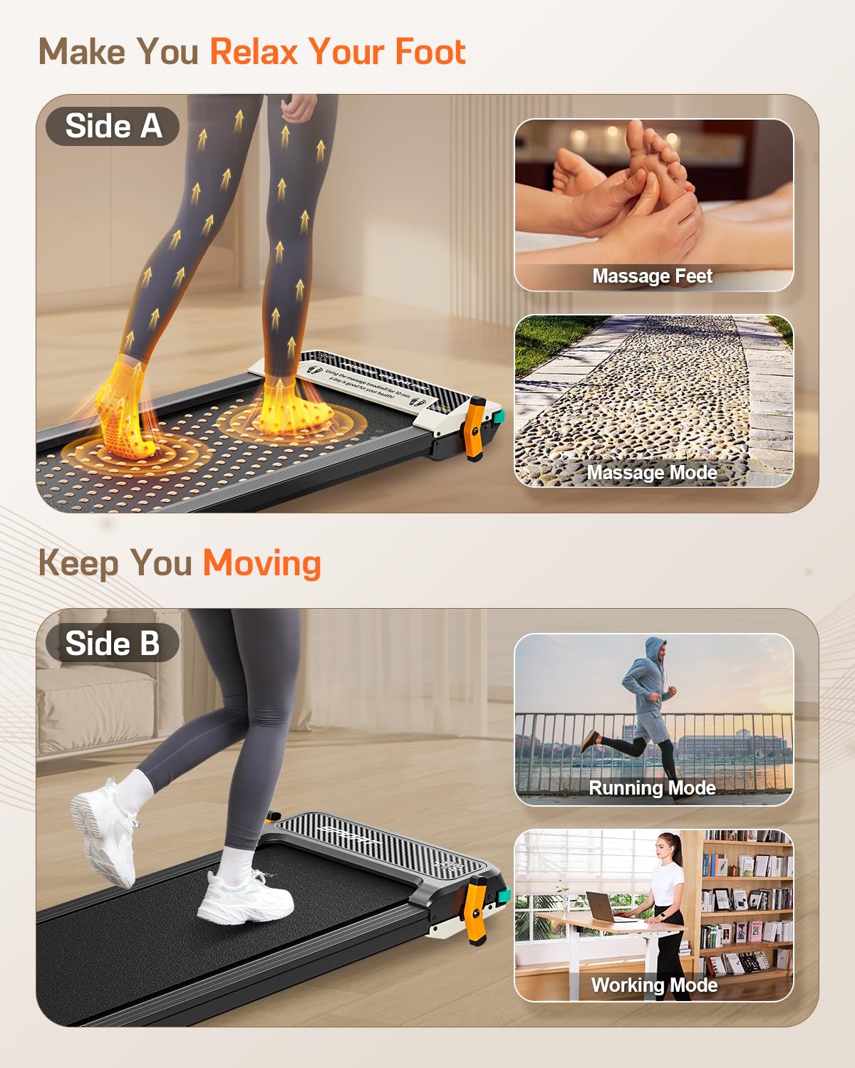 Akluer Walking Pad with Incline, Dual Sided Walking Pad with Foot Massage, 180° Revesrsible Available Use, Foot Massage Under Desk Treadmill for Office/Home