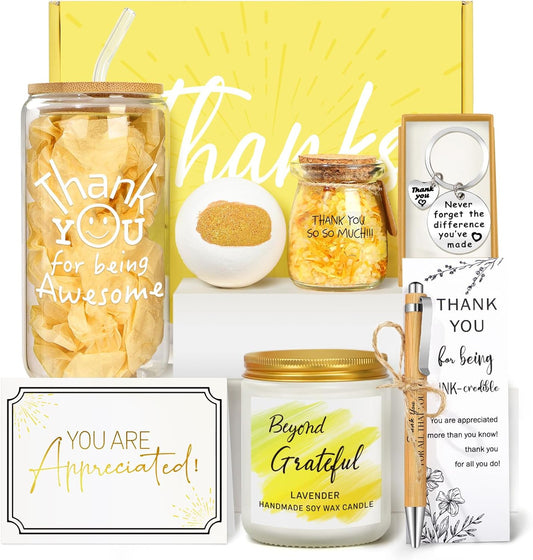 Thank You Gifts for Women, 7PCS Employee Appreciation Gift Baskets, Teacher Appreciation Gifts, Gift for Coworkers Teacher Principal Boss Secretary Nurse - Spa Gratitude Glass Cup Gift Box