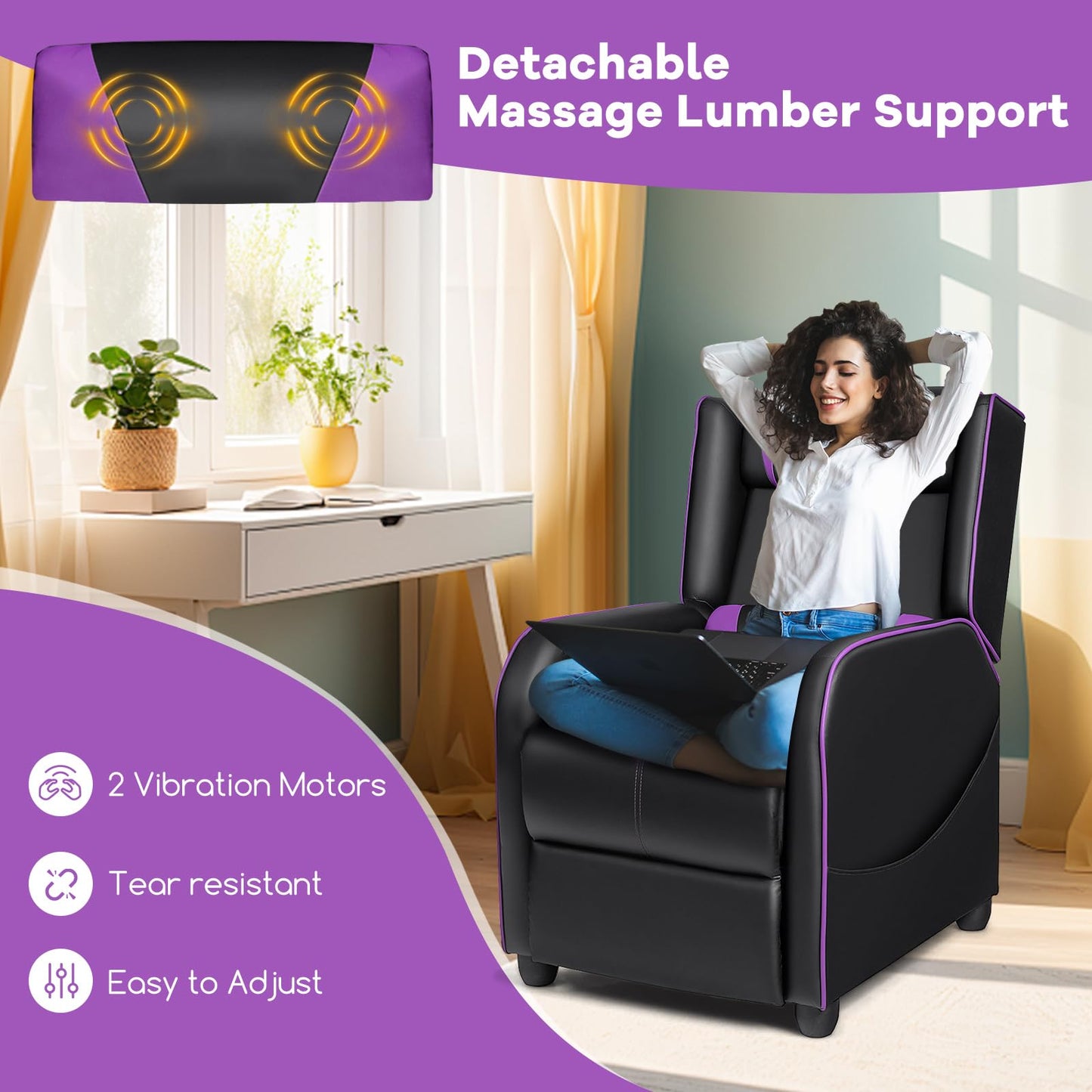 Goplus Massage Gaming Recliner Chair, Racing Style PU Leather Single Recliner Sofa with Footrest, Adjustable Modern Living Room Recliners, Ergonomic Home Theater Recliner Seat