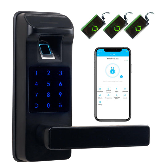 Harfo Smart Door Lock, Heavy Duty 5 in 1 Keyless Entry Door Lock, Full App Control Digital Keypad Lock, Reversible Handle with Fingerprints and Passcodes for Family/Office/Apartment (Black)
