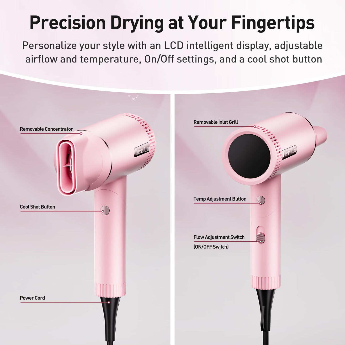 Foldable Hair Dryer, 1600W Professional Ionic Hair Blow Dryer with Nozzle for Women & Men, 3 Temps/3 Speeds, 6.56 Ft Cord, LCD Display, Best for Straight & Wavy Hair, for Home Travel, Pink