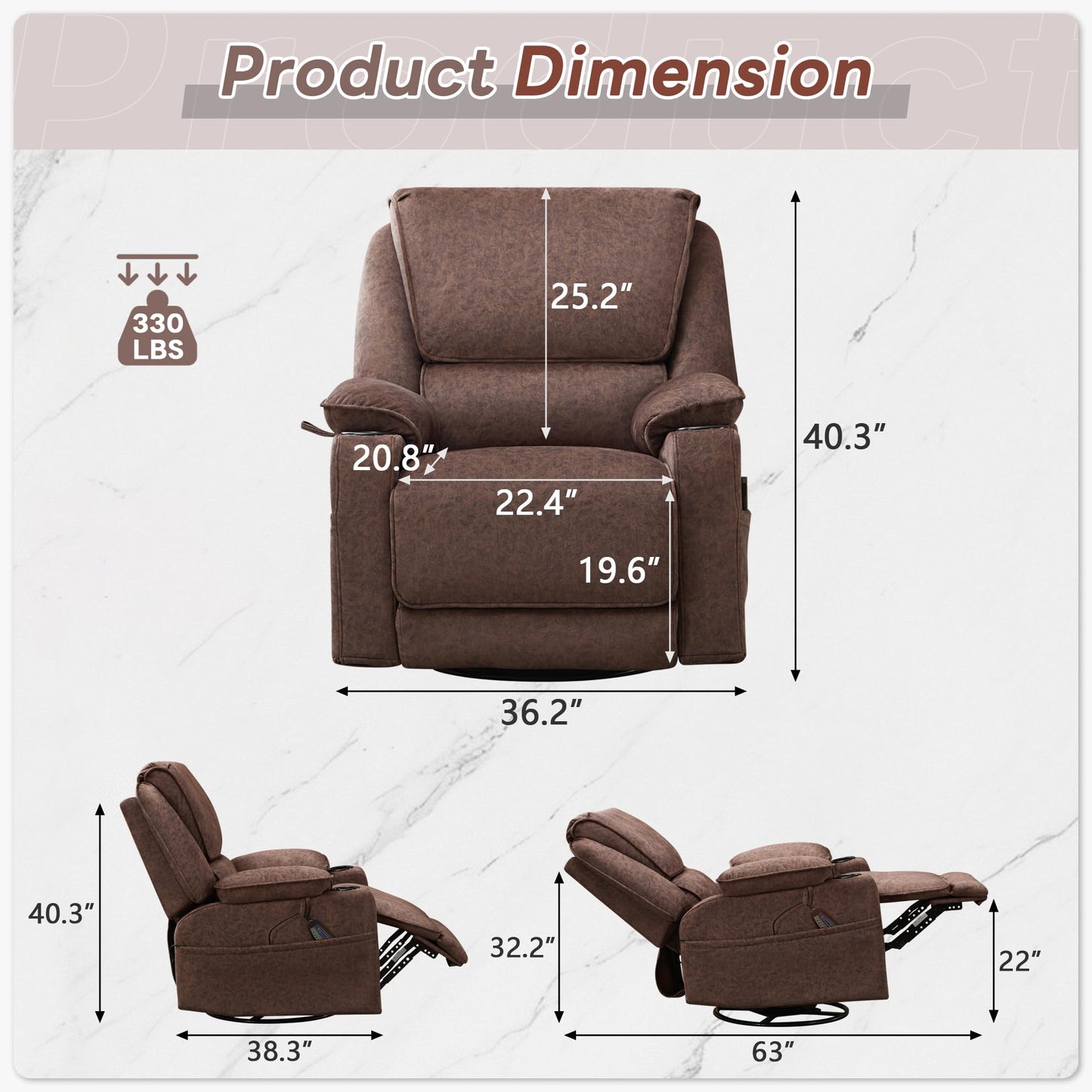 YOCONYO Massage Recliner Chair, Swivel Rocker Recliner with Heat and Vibration, 360 Swivel Manual Single Reclining Sofa with Cup Holder for Adults (Brown)
