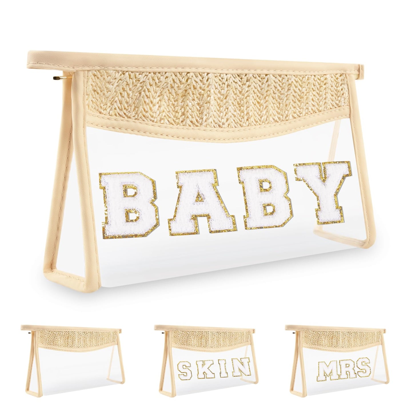 Cute Boho Patch Baby Bag Clear Makeup Letter Bag, Waterproof Zipper Make up Bag Toiletry Pouch for Women Girls, Clear Letter Patch Cosmetic Bag Transparent Organizer Pouch for Travel(Baby, Beige)