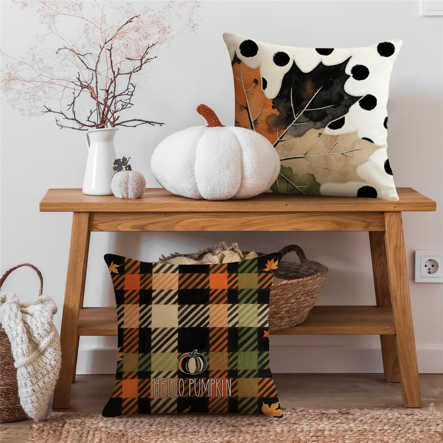 NIGHTWISH Fall Pillow Covers 18x18 Set of 4 Thanksgiving Farmhouse Decorations Polka Dots Pumpkin Maple Leaf Outdoor Fall Decor Throw Pillow Covers Checkered Harvest Autumn Cushion Case for Sofa Couch