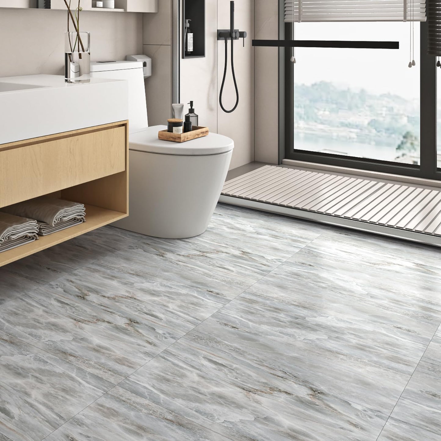 Livelynine Peel and Stick Floor Tile Green Marble 24X12" 4-Pack Stick on Vinyl Flooring Self Adhesive Floor Tiles Peel and Stick Waterproof Bathroom Flooring Tiles Kitchen Renter Friendly Laminate