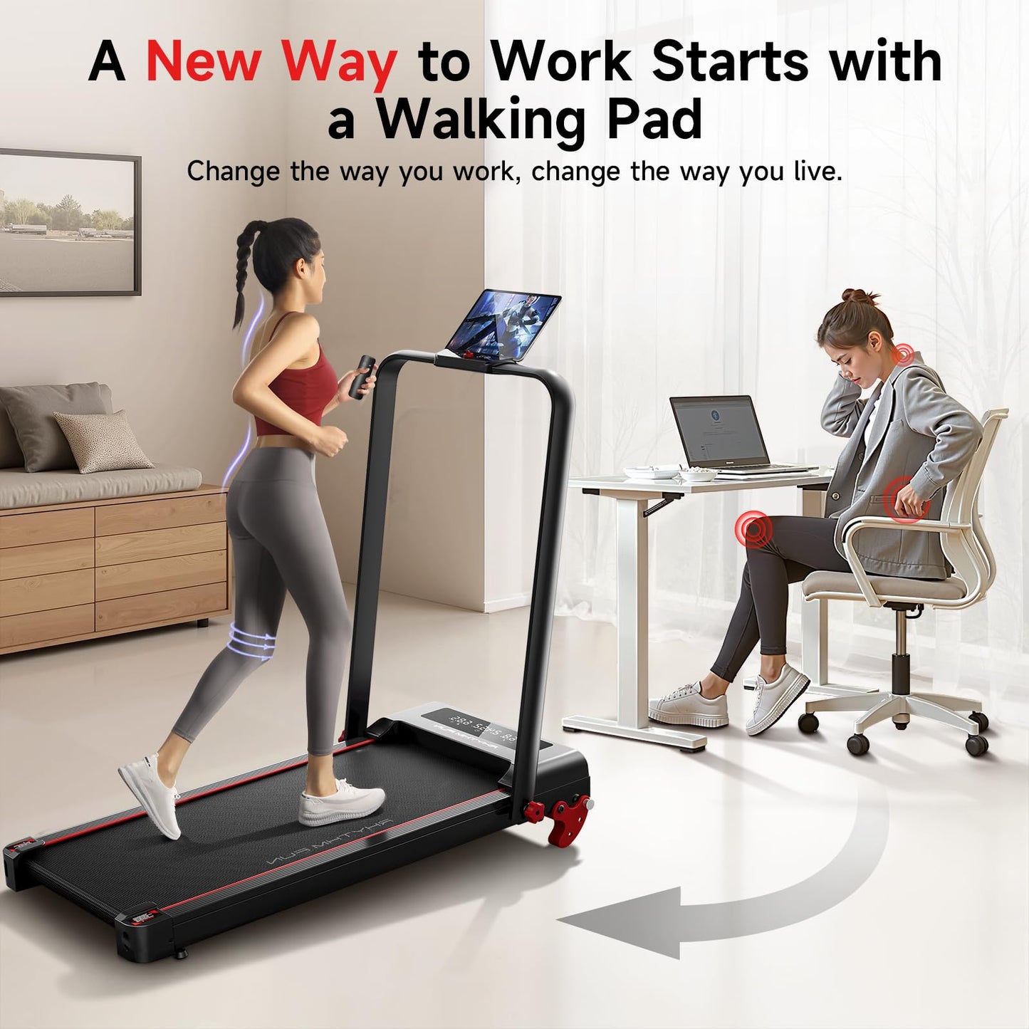 RHYTHM FUN Treadmill with Incline, Walking Pad Treadmill with Handle Bar, Walking Pad with Incline 300lbs Foldable Treadmills with APP, Portable Folding Treadmills for Home/Office with Low Noise