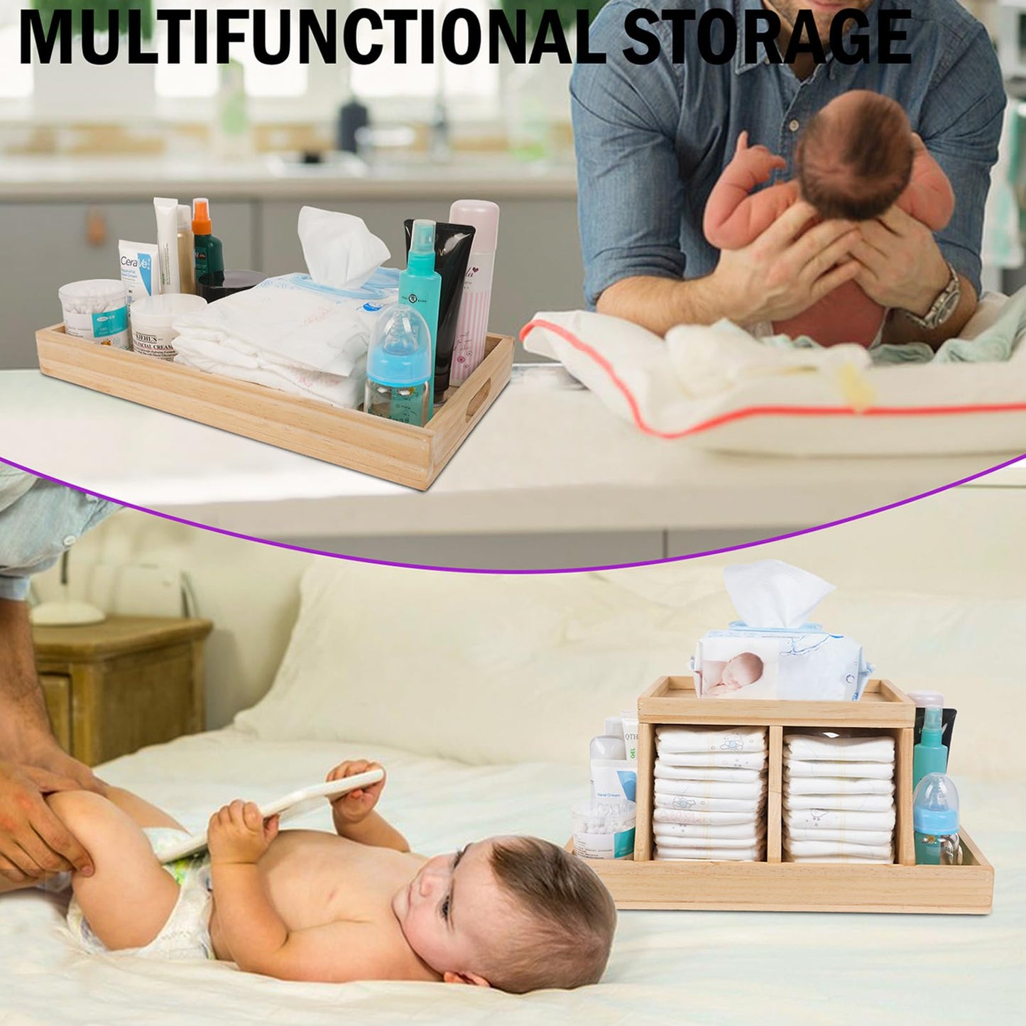 Busidhji Diaper Caddy Organizer, Changing Table Organizer, Wooden Diaper Organizer for Nursery, Baby Diaper Storage Organizer with Removable Dividers (Brown, Rectangular Size)