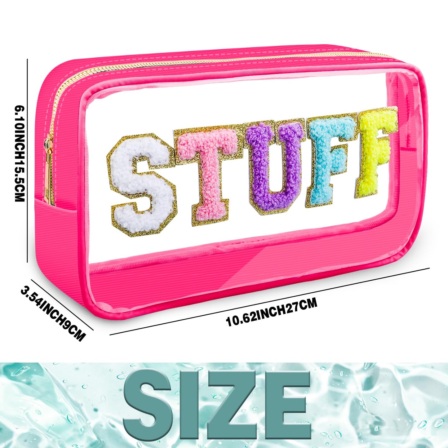 Moncinday Preppy Patch STUFF Makeup Bag Chenille Letter Cosmetic Bag for Women, Transparent PVC Zipper Patch Bags Organizer Waterproof Portable Travel Makeup Bag for Women Girls Teens (Pink)