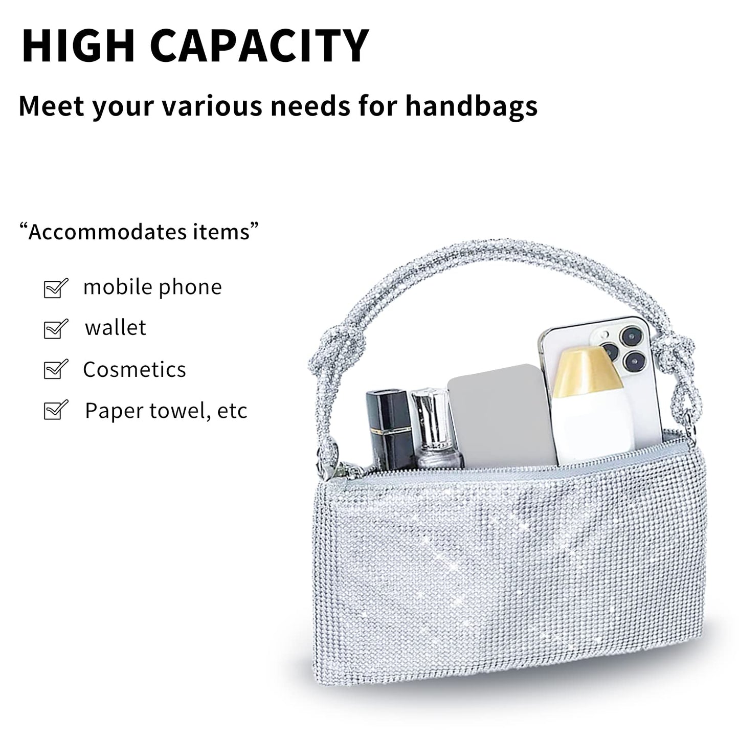 QLBO Silver Purse Rhinestone Purse Silver Clutch Sparkly Bag 10.2"×0.4"×6.69"