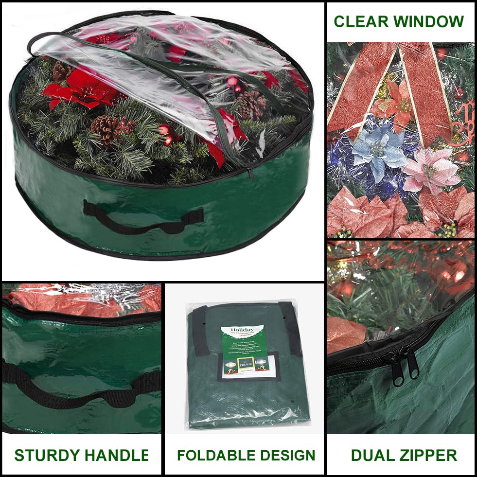 Propik Christmas Wreath Storage Bag 36" - Garland Holiday Container with Clear Window - Tear Resistant Fabric - 2 Pack (36 Inch, Green)