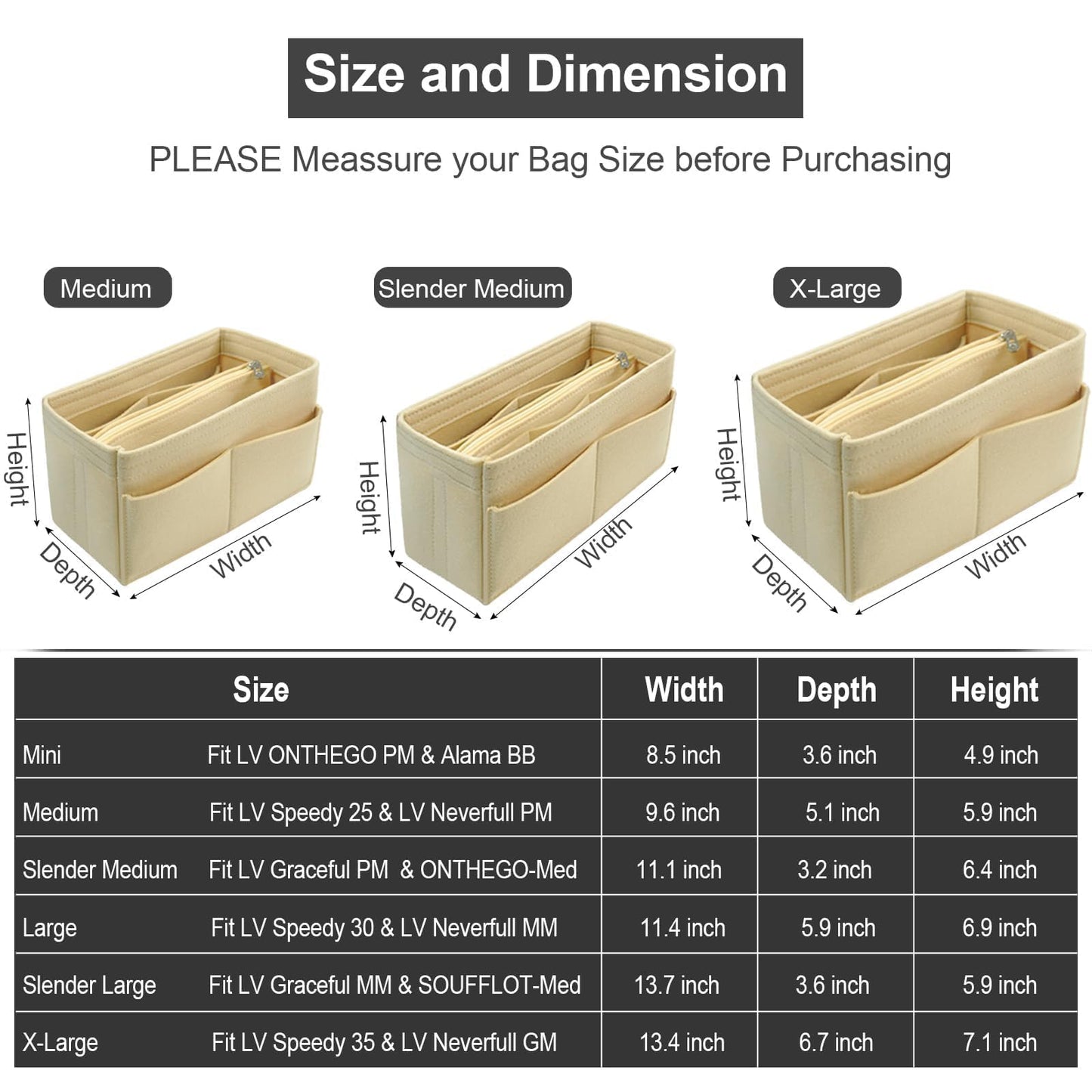 OMYSTYLE Beige Slender Medium Organizer Insert, Felt Tote Bag Organizer Insert with 5 Sizes, Handbag Dividers for Inside Purse, Compatible with Longchamp, Neverful, Speedy and More