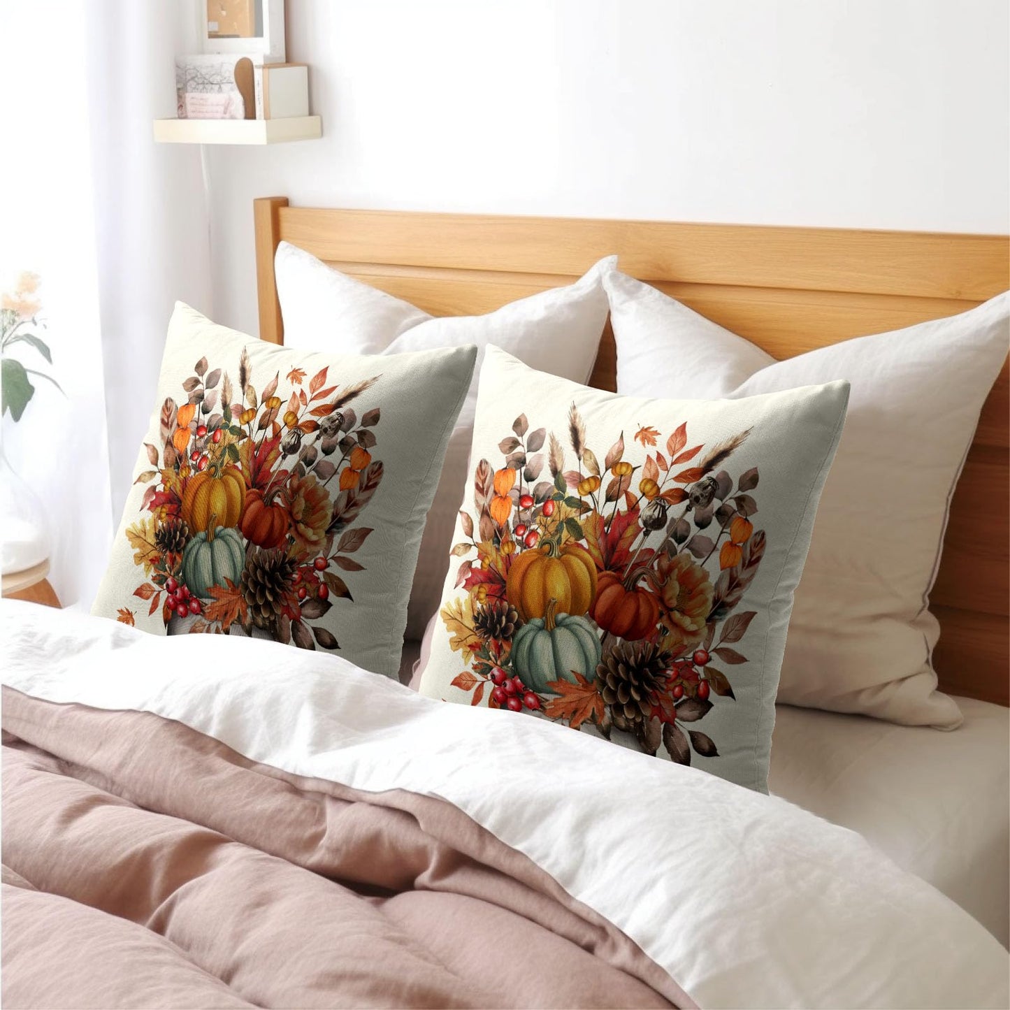 Fall Floral Maple Leaves Throw Pillow Covers 18X18 Inches Set of 2 Autumn Pumpkin Mason Jar Pillowcase Soft Cotton Linen Square Cushion Covers for Home Sofa Bedroom