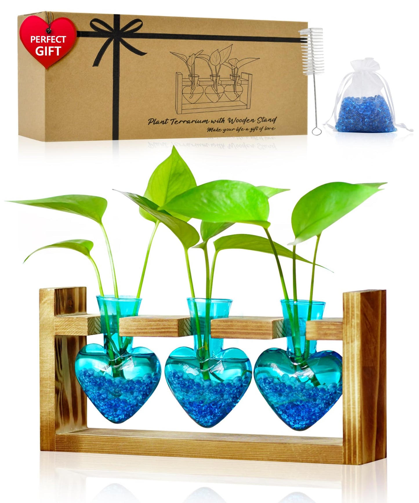 Nacome Plant Terrarium for Office Decor: Birthday Gifts for Plant Lovers Women Mom Wife - Wooden Stand Tabletop Planter 3 Bulb Glass Vase Heart Shaped for Hydroponics Indoor Home