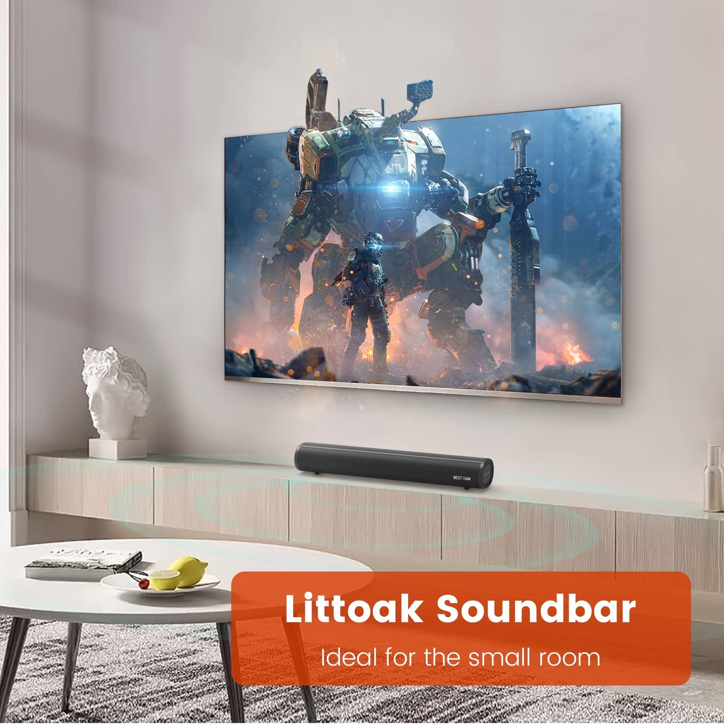 LITTOAK HDMI Sound Bar for TV, Bluetooth Small TV Soundbar Speaker, Optical/HDMI/Aux/Coax/USB/Bluetooth Connection for TV, PC, Projectors, Includes Remote Control, 16 inch