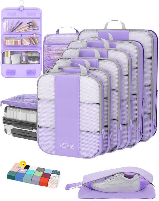 10 Set Compression Packing Cubes for Travel Essentials,Compressible Expandable Packing Cubes for Suitcase,OlarHike Luggage Organizer Bags for Travel,Handy Helper for Organizing Clothes(Light Purple)