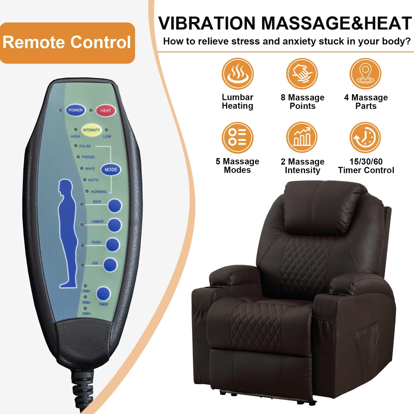 AHMED Power Recliner Chair with Vibration Massage & Heat for Adults, Faux Leather Home Theater Seating with Cup Holders/LED Lights/USB Ports/Side Pockets for Living Room (Brown, Single)