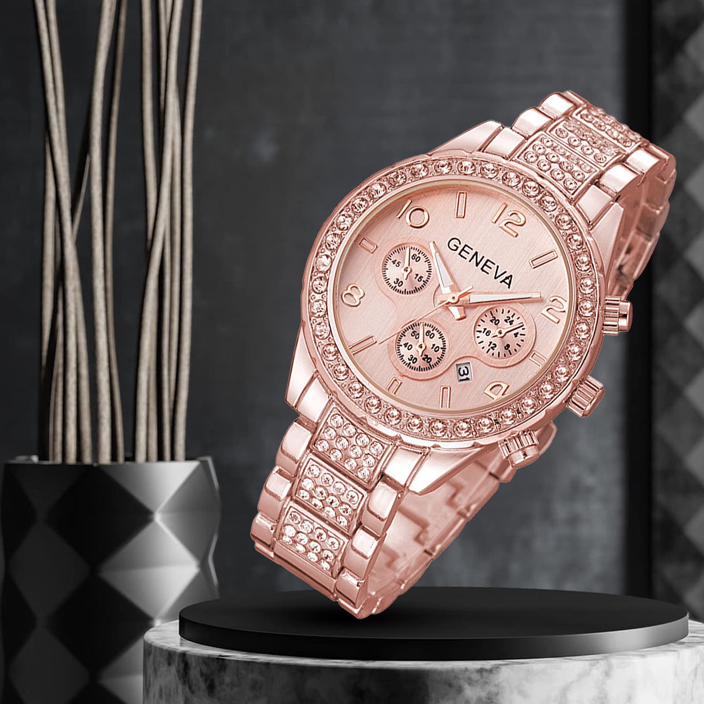 Luxury Unisex Crystal Diamond Watches Quartz Digital Calendar Rose Gold Silver Stainless Steel Watch (Rose Gold)