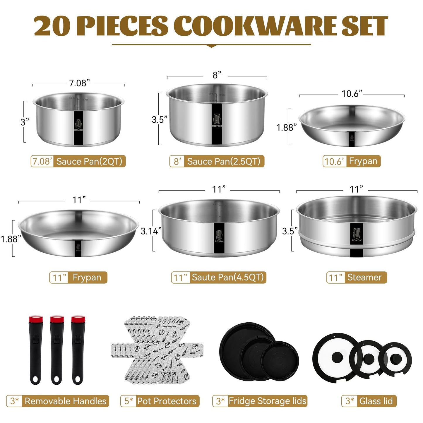 ROYDX 20pcs Pots and Pans Set, Stainless Steel Cookware Set Detachable Handle, Induction Kitchen Stackable RV Cookware Sets, (Camper, Boat, Small Kitchen), Dishwasher Safe&Oven Safe, PFOA Free, Silver