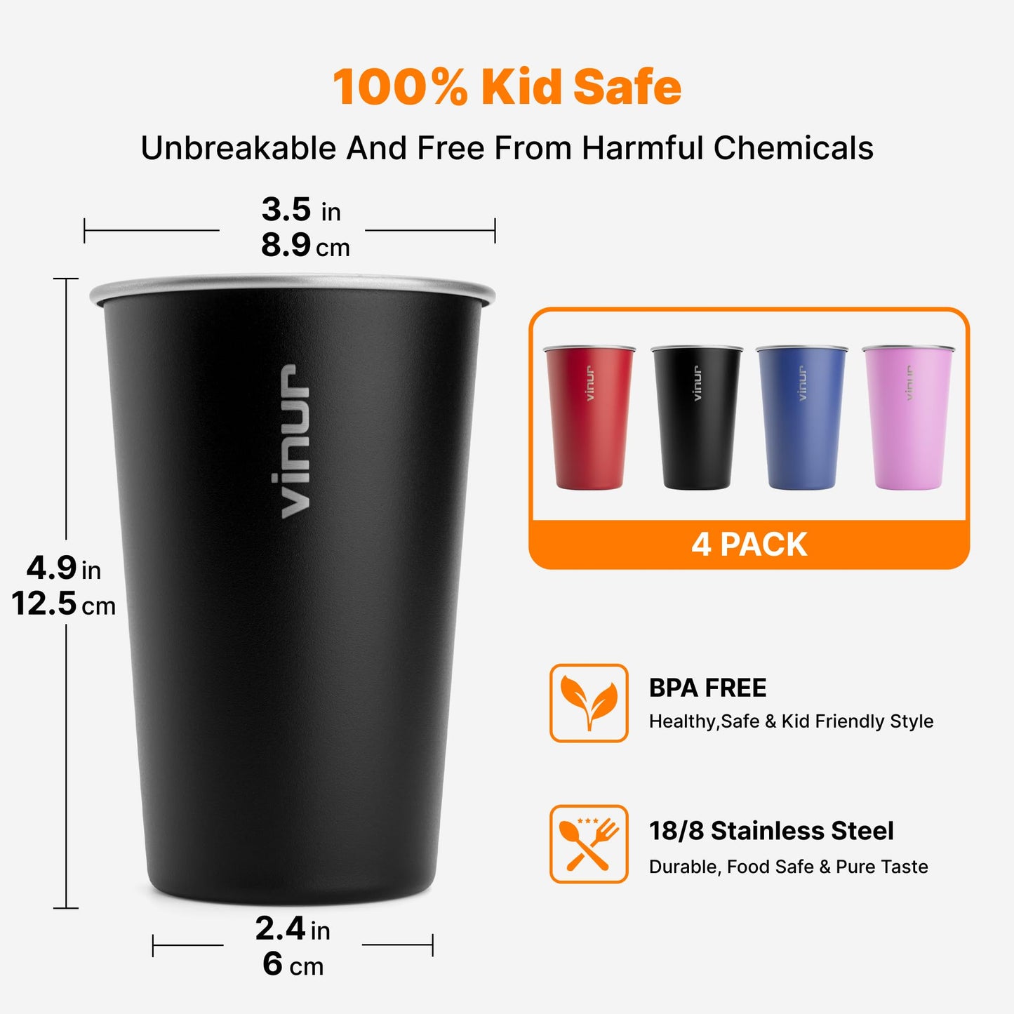 VINUR 16 oz Stainless Steel Cups 4 Pack Pint Tumbler Stackable Metal Drinking Glasses for Travel, Camping, Outdoors (Royal Blue-Canyon Red-Black-Purple Pink)