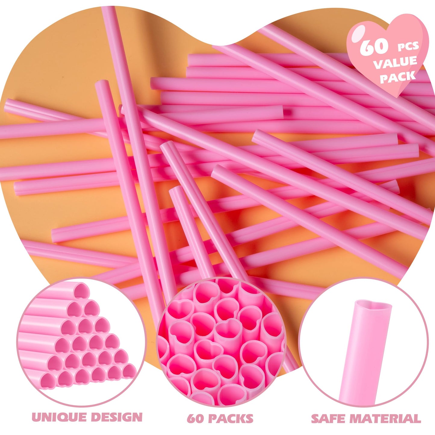 60 Pcs Heart Shaped Pink Straws Disposable Plastic Cute Straw Individually Wrapped Valentines Day Cocktail Birthday Party Bridal Shower Wedding Supplies hello kitty party decorations