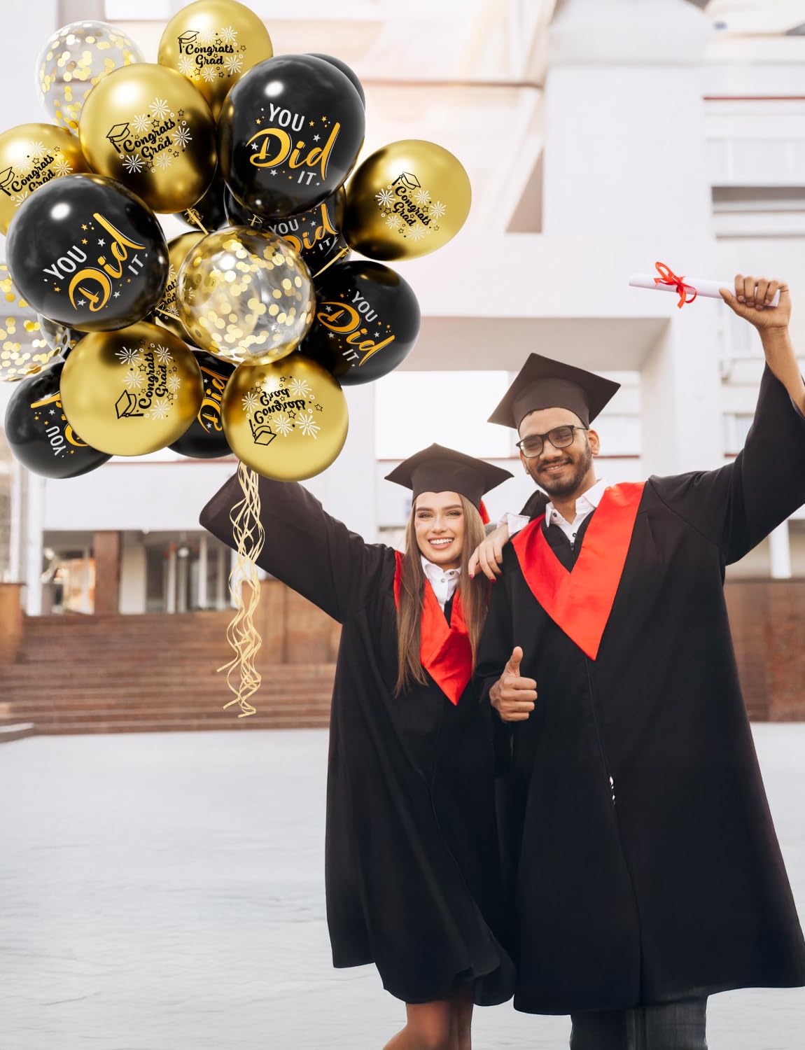 Graduation Balloons, Congrats Grad Balloons 12 Inch Black and Gold Balloon Class of 2025 Gold Confetti Latex Balloon for College High School Happy Graduation Party Decorations Supplies (18Pcs)