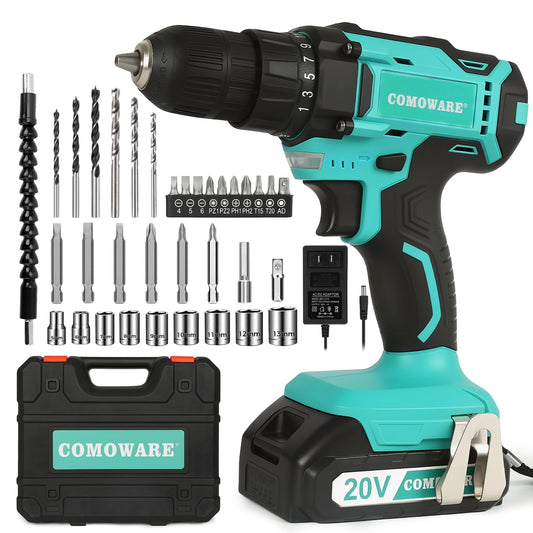 COMOWARE 20V Cordless Drill, Electric Power Drill Set with 1 Battery & Charger, 3/8” Keyless Chuck, 2 Variable Speed, 266 In-lb Torque, 25+1 Position and 34pcs Drill/Driver Bits