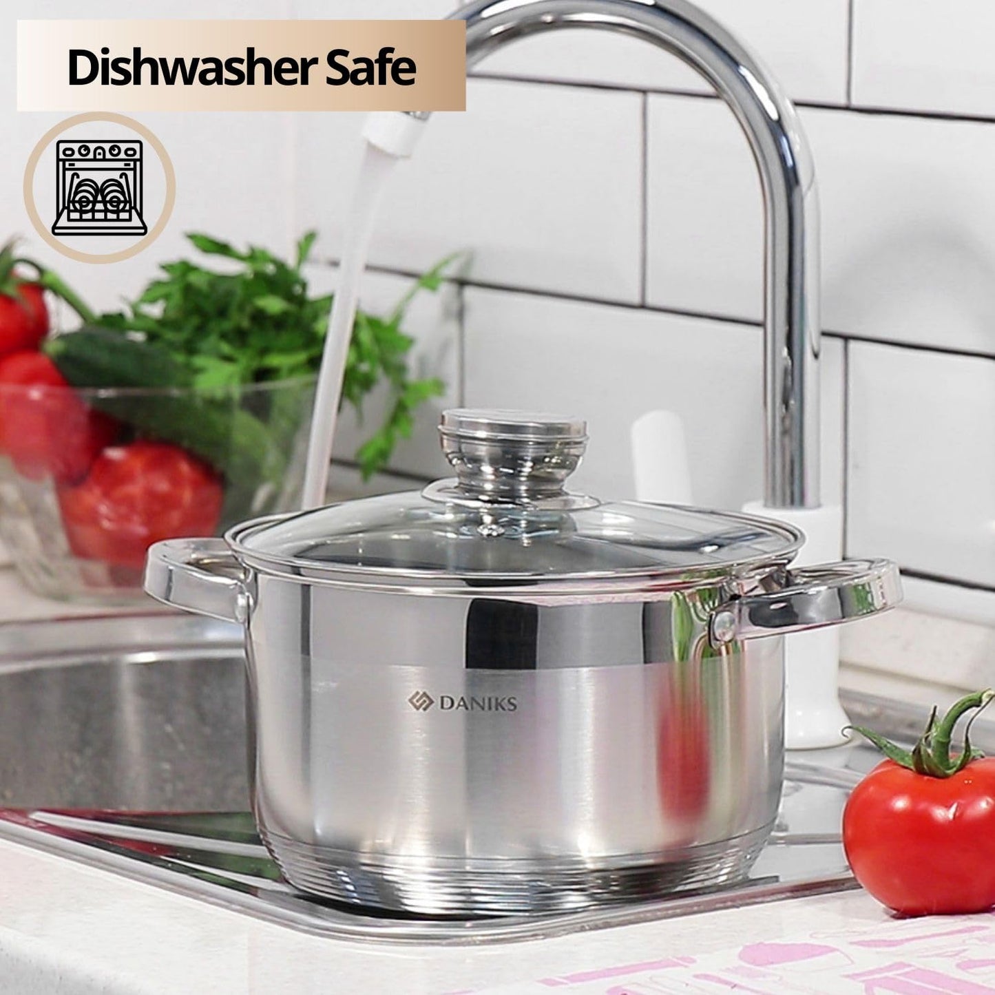 Daniks Standard 6-Piece Stainless Steel Induction Cookware Set, Dishwasher Safe Pots, Measuring Scale, Glass Lids, For Soup, Pasta, Stew, Silver