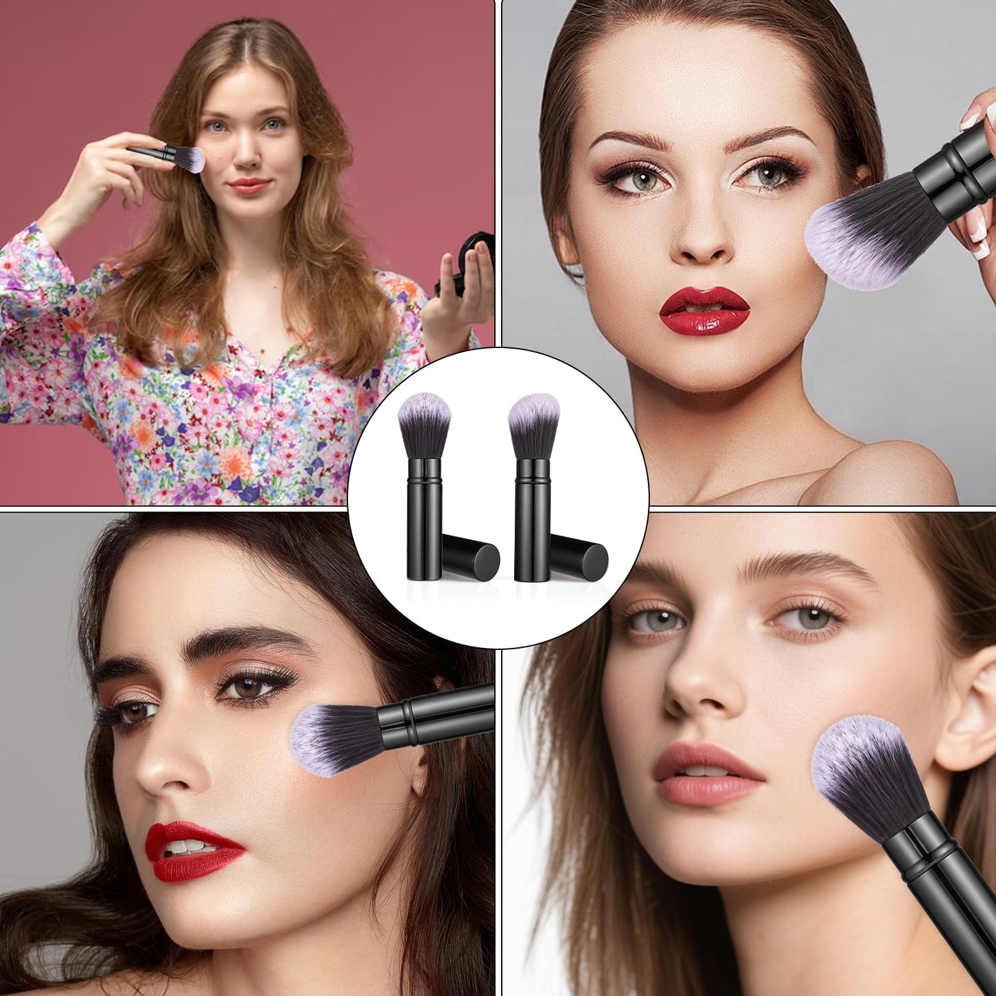 BOHUIZ 2 Pack Retractable Makeup Brush, Travel Kabuki Foundation Brush Face Blush Brushes for Blending Liquid Blush Sunscreen Bronzer Buffing Flawless Cosmetics