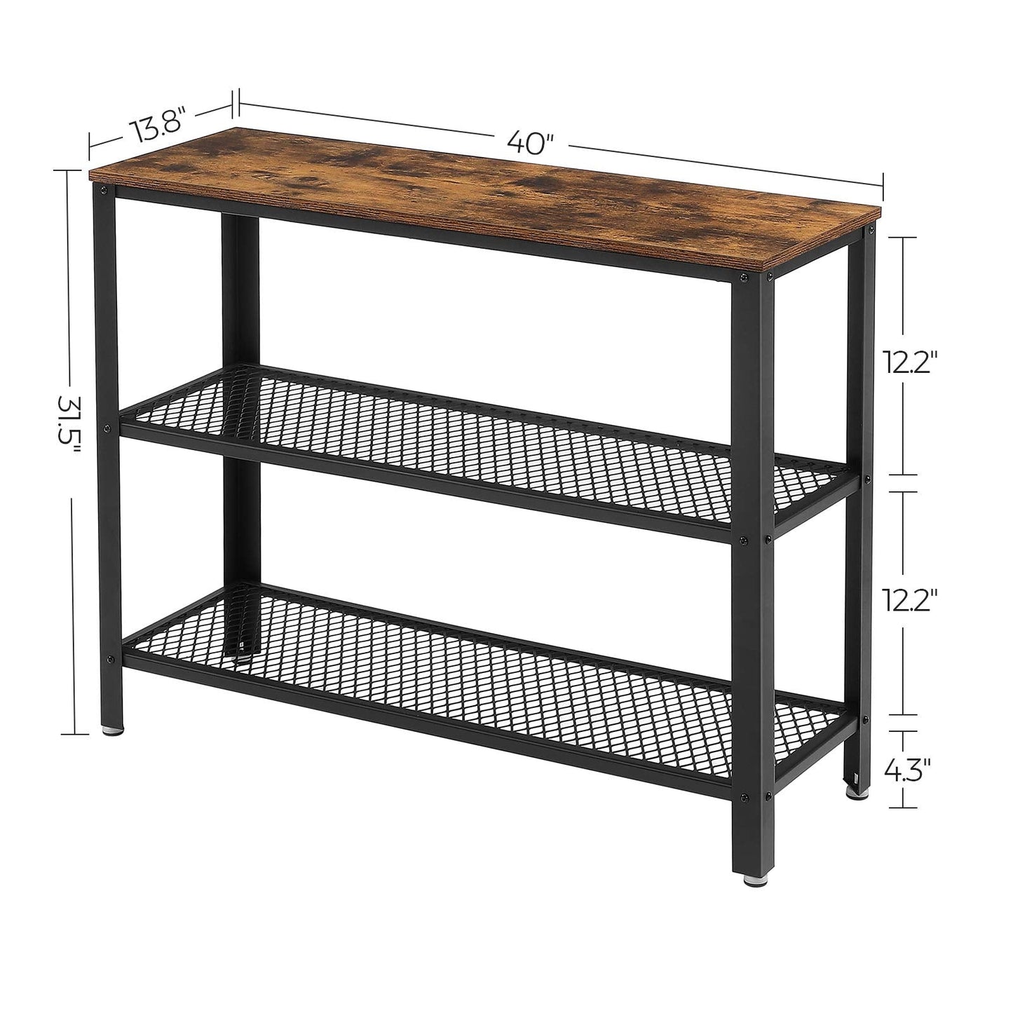 VASAGLE 40" Industrial Console Table, 3 Tier Entryway Table with Storage Shelf, Narrow Sofa Tables for Living Room, Hallway, Entrance Hall, Corridor, Bedroom, Rustic Brown and Black ULNT81BX