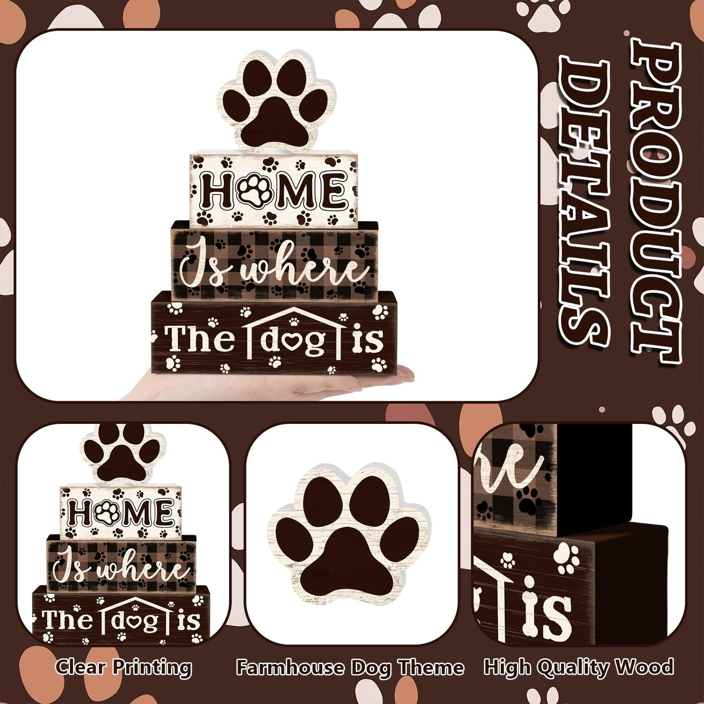 TOMPOP 4 Pcs Farmhouse Dog Wooden Tiered Tray Decor Set, Rustic Home Dog Wood Table Decor Dog Paw Distressed Stack Block Signs Tabletop Centerpieces for Home Desk Kitchen Shelf Mantle Decorations