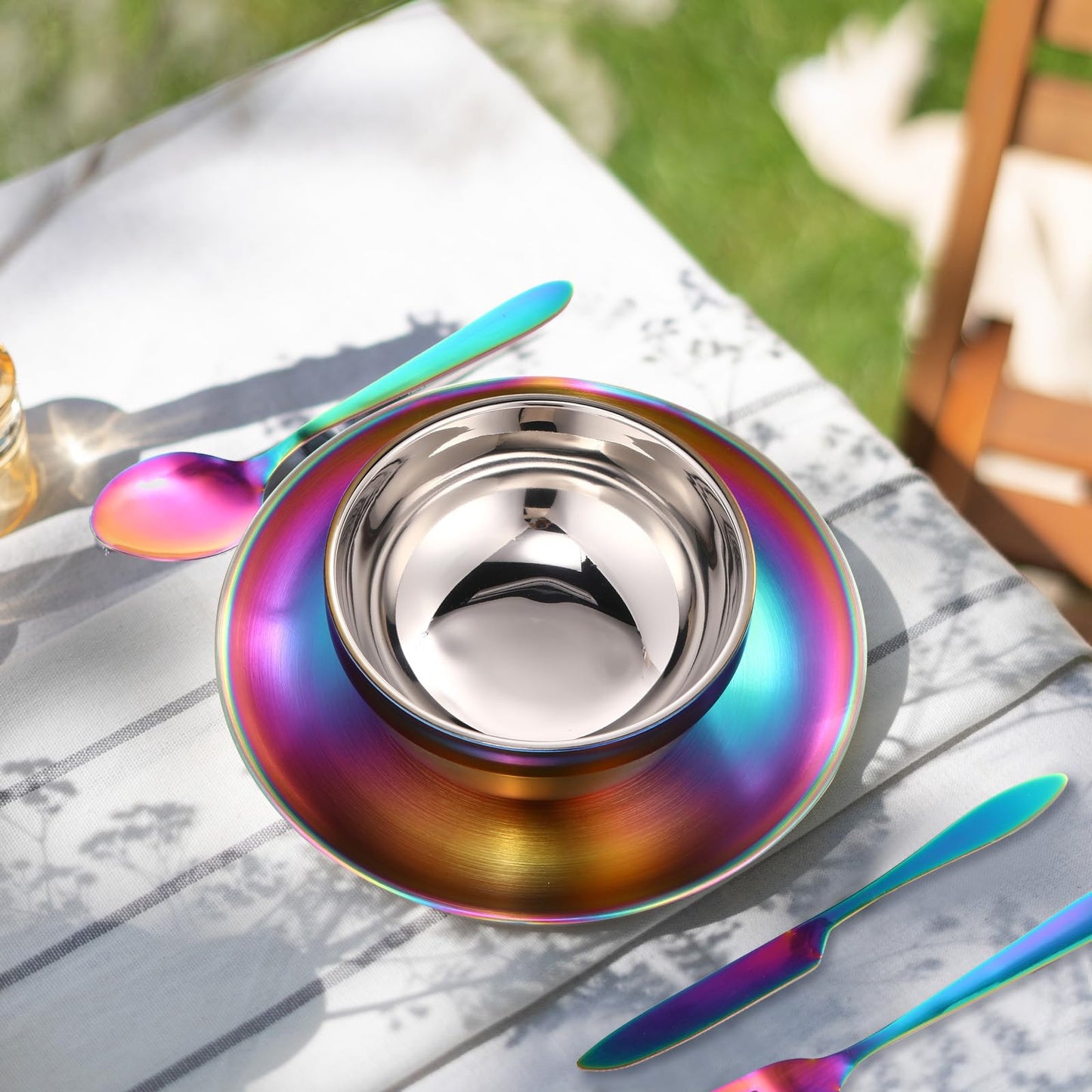 Honeydak 36 Pcs Stainless Steel Utensils Camping Tableware Kit Include Set of 6 Plate Bowl Cups Spoons Forks Knives Flatware Set for Backpacking Camping Hiking and Picnic(Rainbow Color)