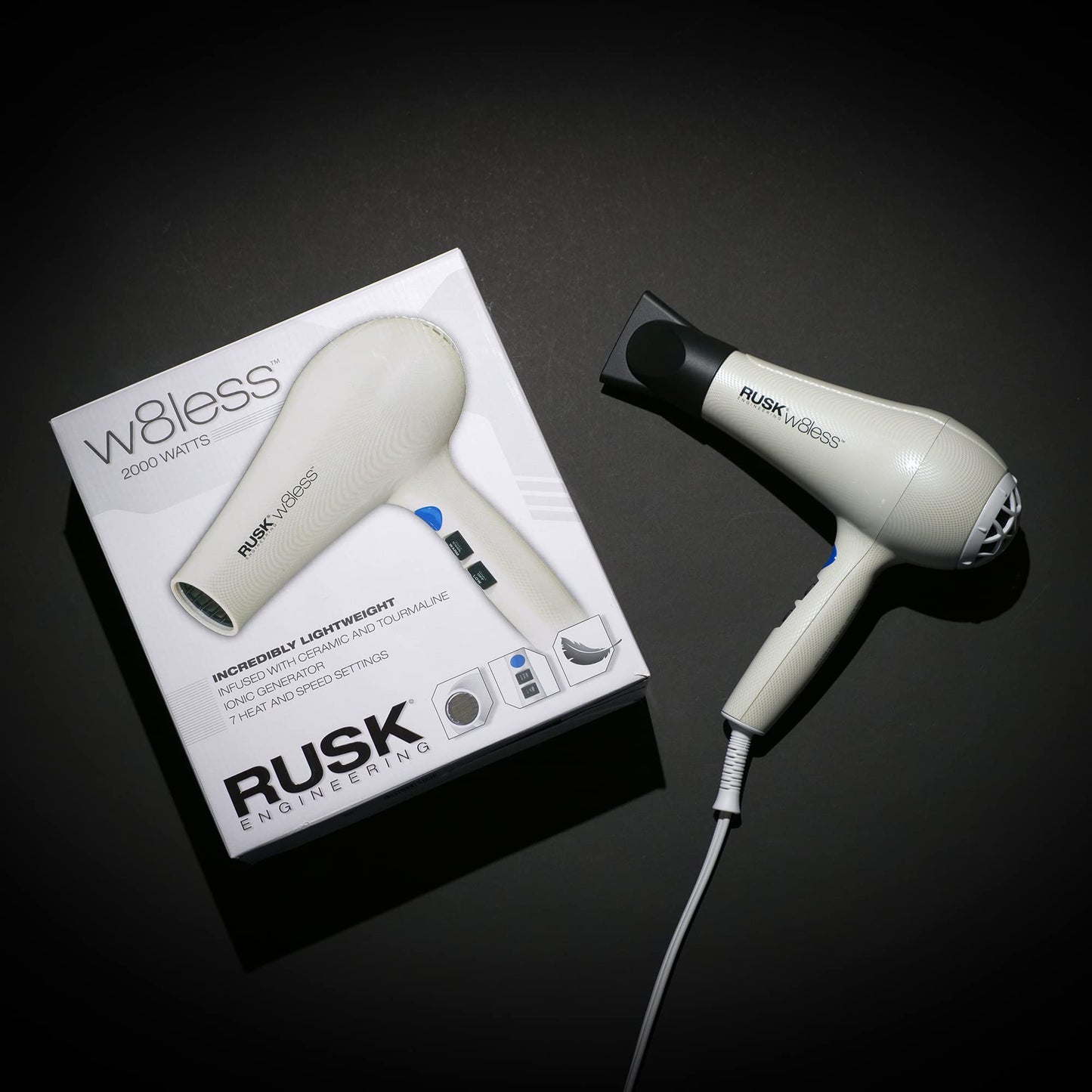 RUSK Engineering W8less Professional 2000 Watt Dryer, 7 Speed Settings, Lightweight.