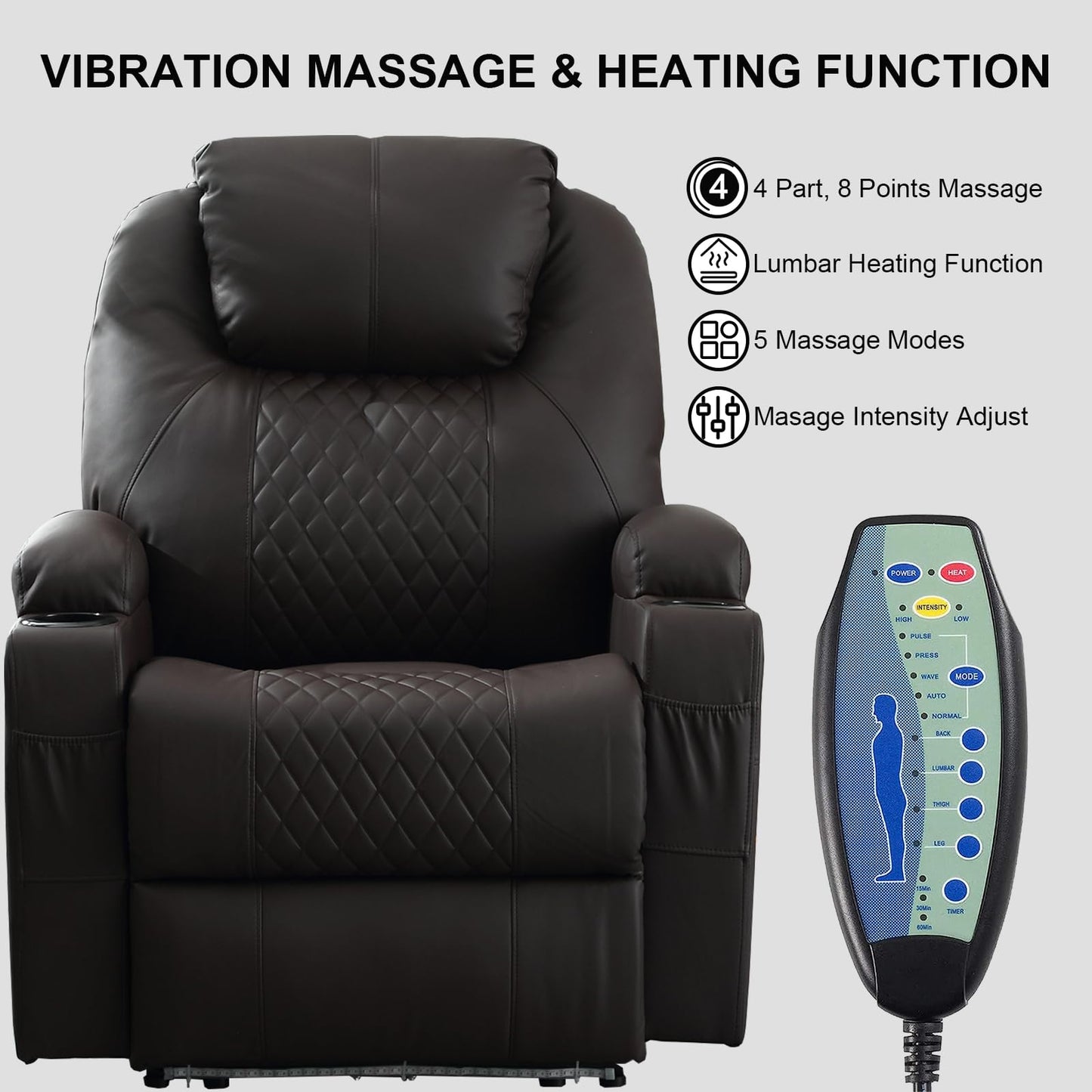 IBTKIG Power Recliner Chair with Heat and Massage, PU Leather Home Theater Seating with LED Lights/Cup Holders/Side Pocket/USB Port, Reclining Sofa Chair for Living Room (1, Brown)