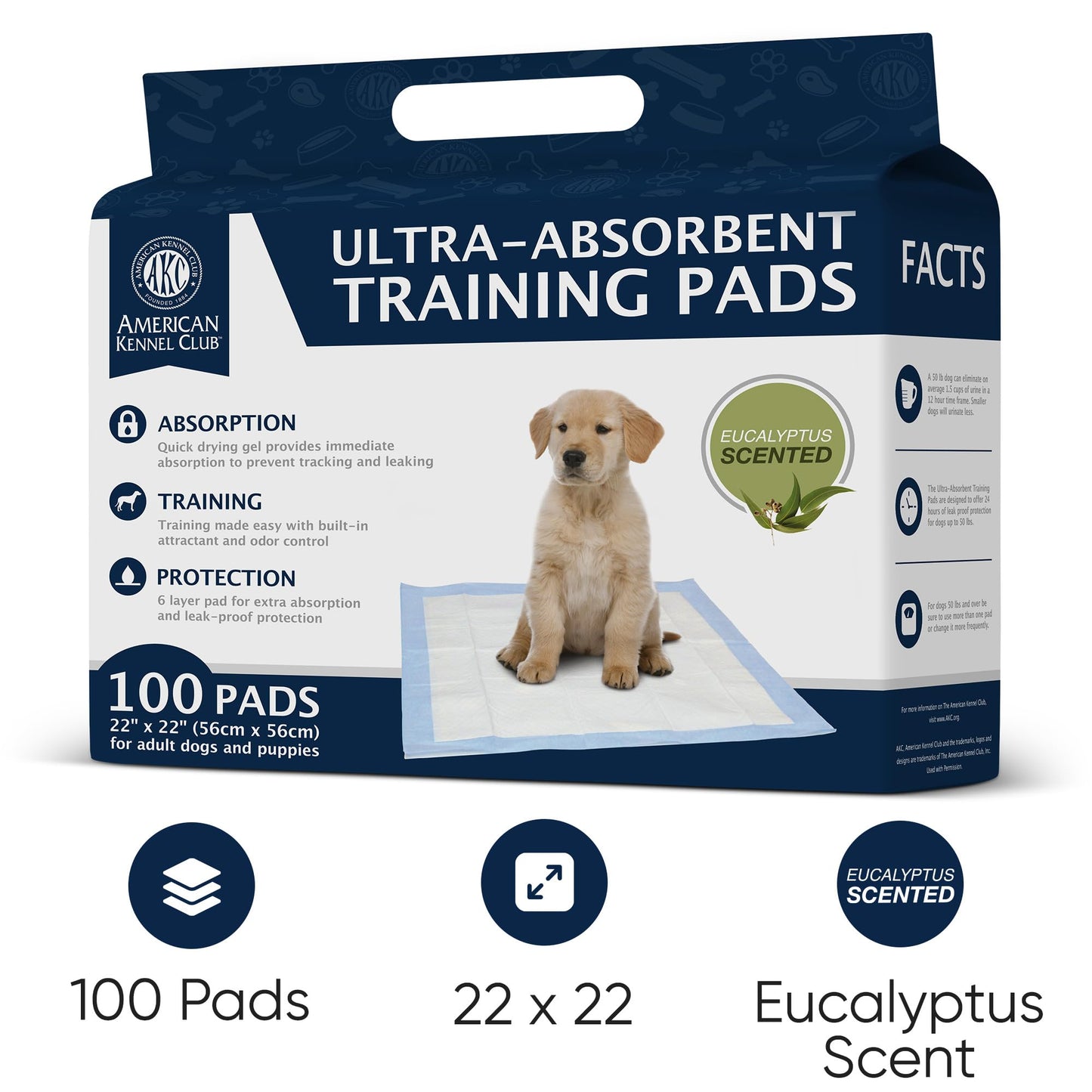 AMERICAN KENNEL CLUB AKC62975 6-Layer Leak-proof Puppy Training Pads - 22x22 Inches, Green, Synthetic, Disposable-Pet-Training-Pads, Pack of 100