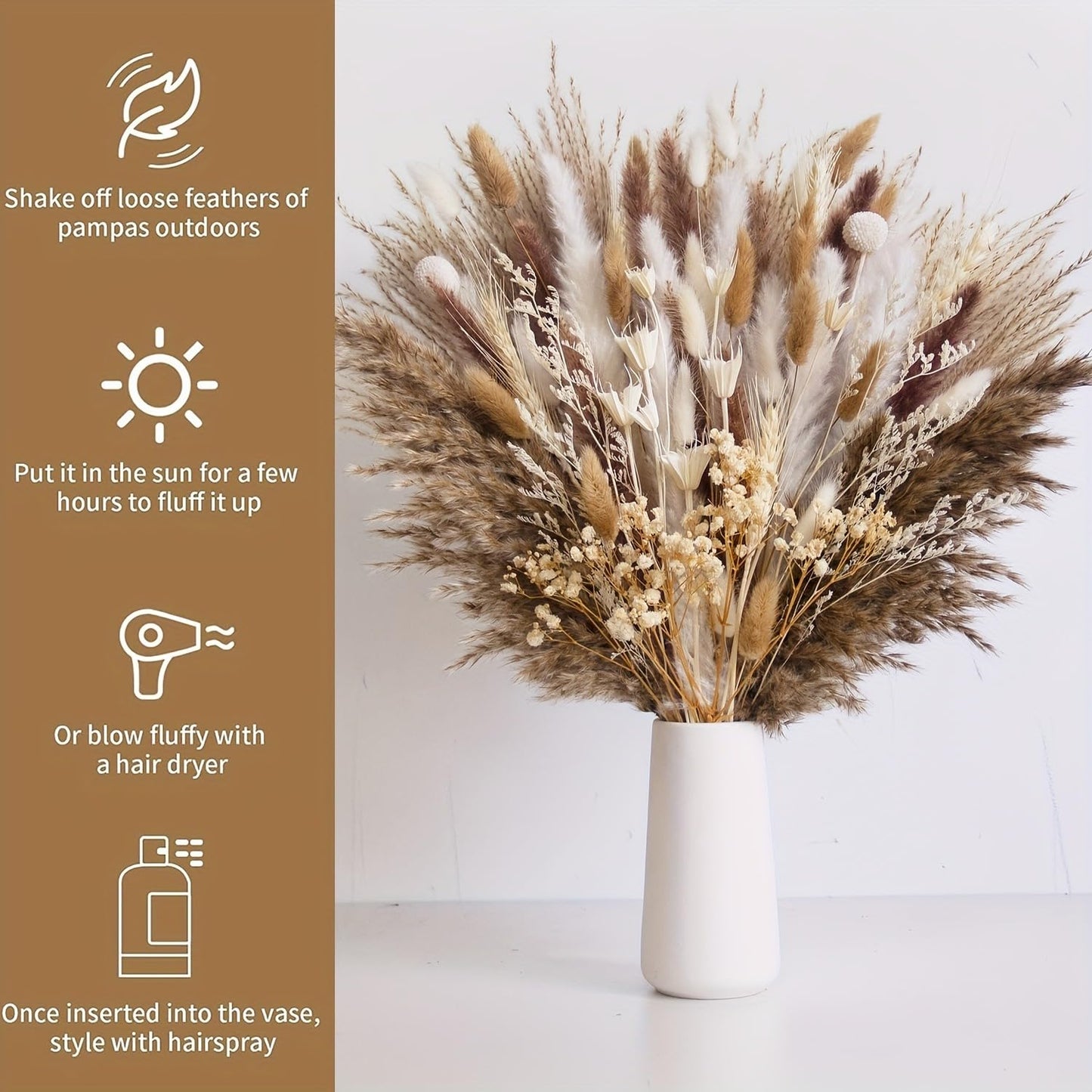YN HI FLOWER 104PCS Natural Dried Pampas Grass Decor, Multiple Varieties Mixed Floral Arrangement, Home Decor, Boho Decor, Wedding Decor, Living Room, Bedroom, Rustic Farmhouse Style (17inch)