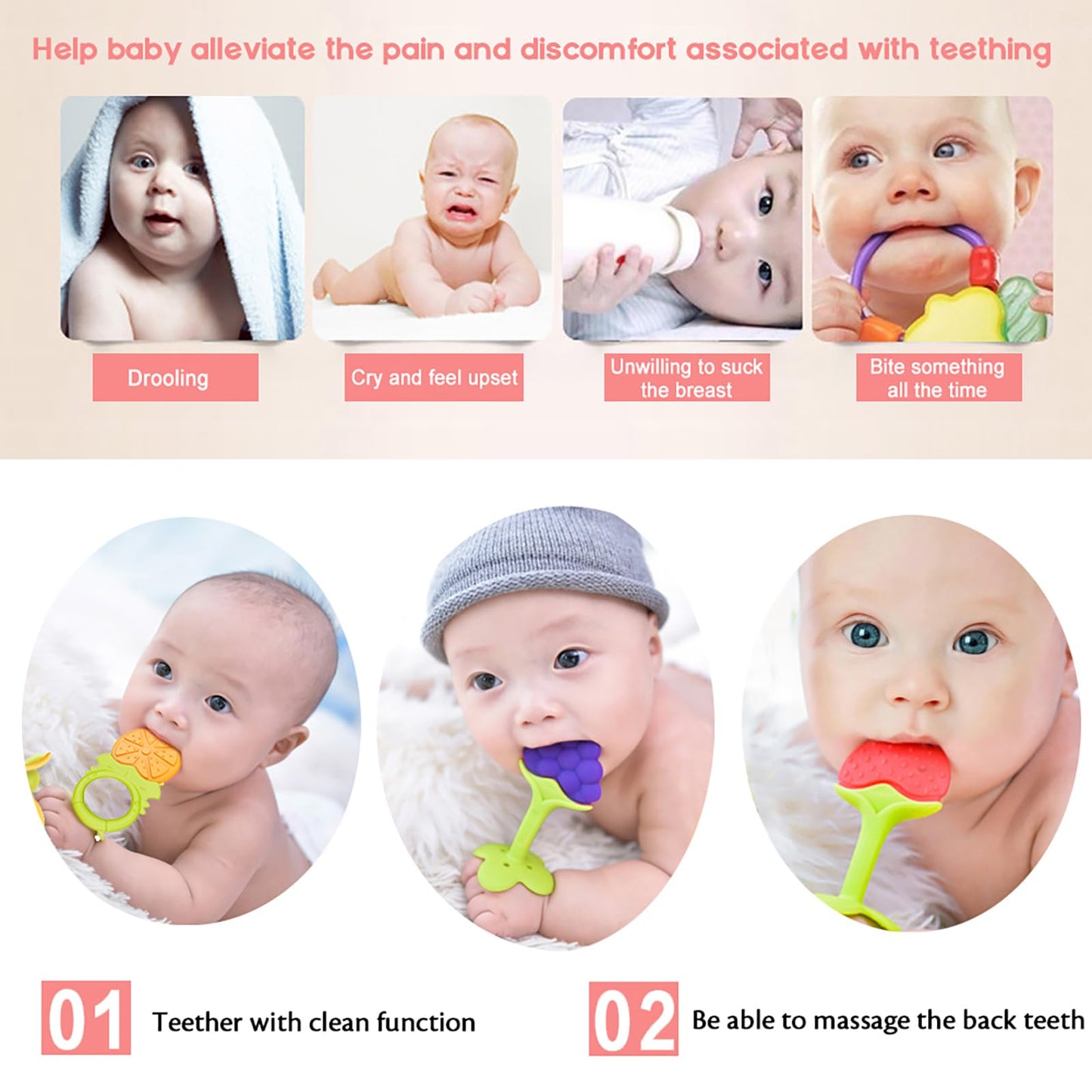 6 Pack Baby Teething Toys for Newborn Infant, BPA Free Freezer Safe Silicone Fruit Baby Teethers Soothe Babies Gums Set for Babies 0-6 Months 6-12 Months