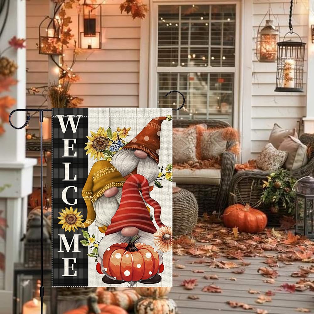 Welcome Pumpkin Fall Garden Flags Polka Dots Gnome Garden Flag Double Sided Burlap Autumn Holiday Maple Leaf Yard Outside Patio Lawn Decorations 12x18 Inch