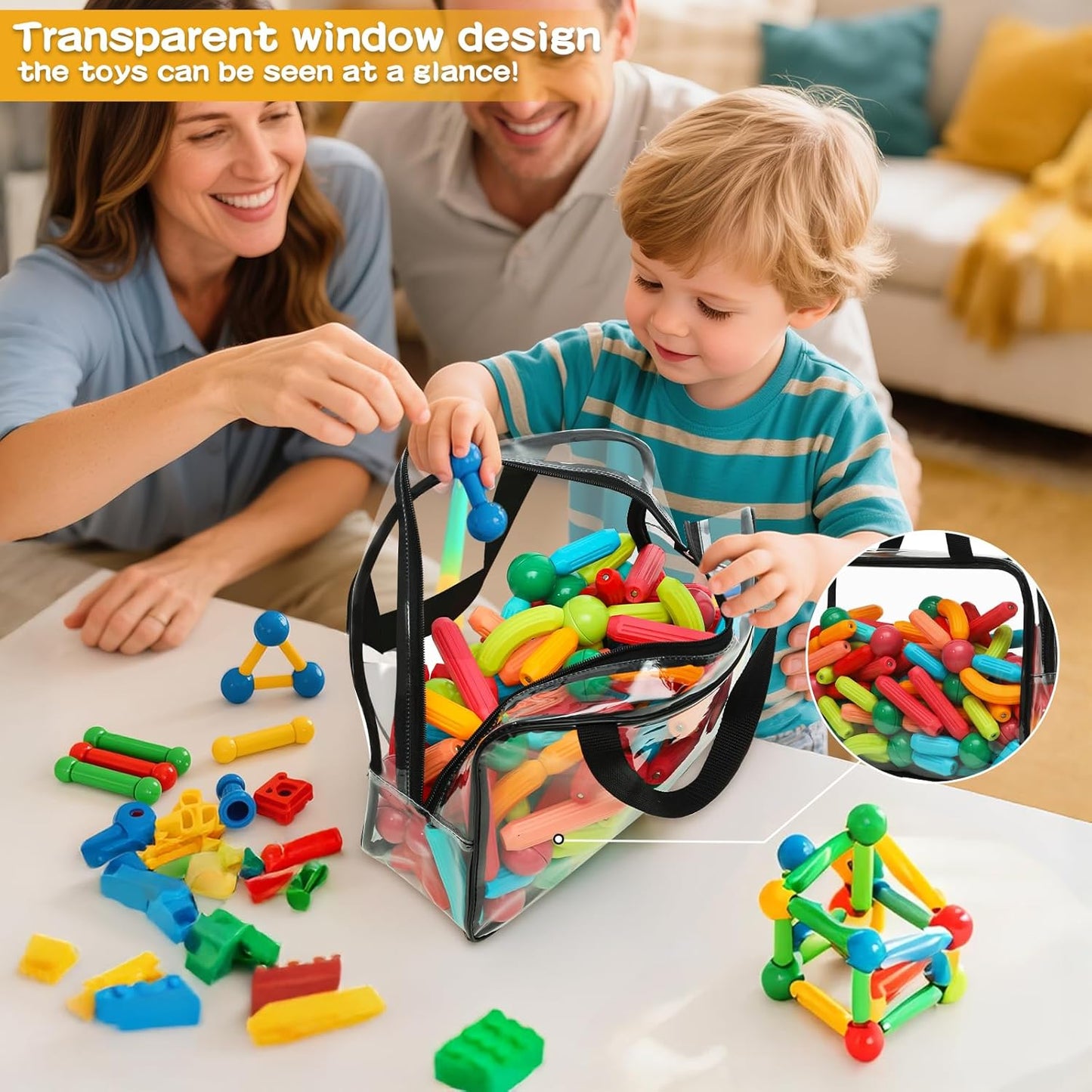 Toy Storage Bags - 6 Packs Toy Storage Organizer with Labels & Pen for Kids, Reusable Clear PVC Board Game Storage with Zipper, Waterproof Travel Bags for Building Blocks, Puzzles, Magnatiles (Black)