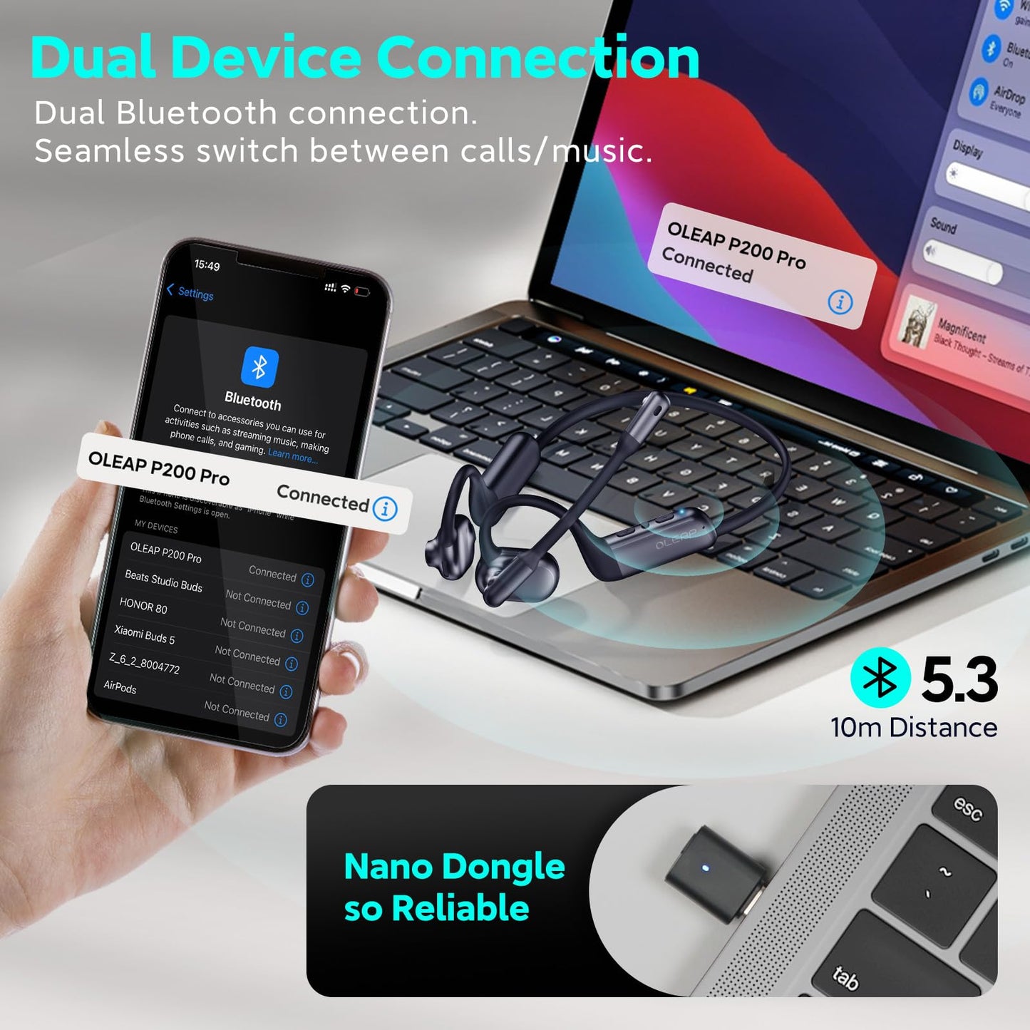 oleap Pilot P200b Pro Wireless Headset with Mic for Work, 50dB Noise Cancelling Headphones with AI ENC, Bluetooth 5.3 USB-C Dongle - Wireless Computer Headset for Meetings and Calls