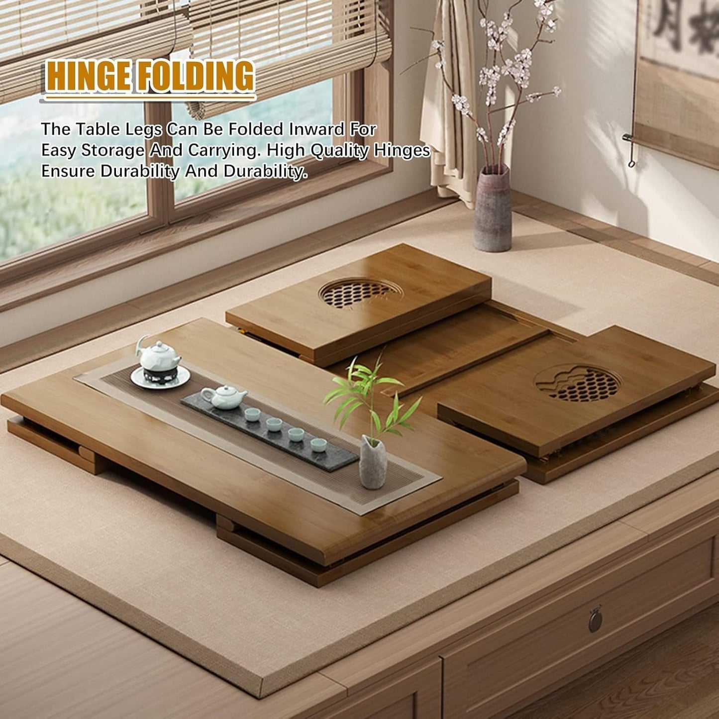 Japanese Coffee Table,Foldable Floor Table Low Natural Brown Coffee Minimalist Tatami Table,Suitable for Living Room,Dining Room (100CM)